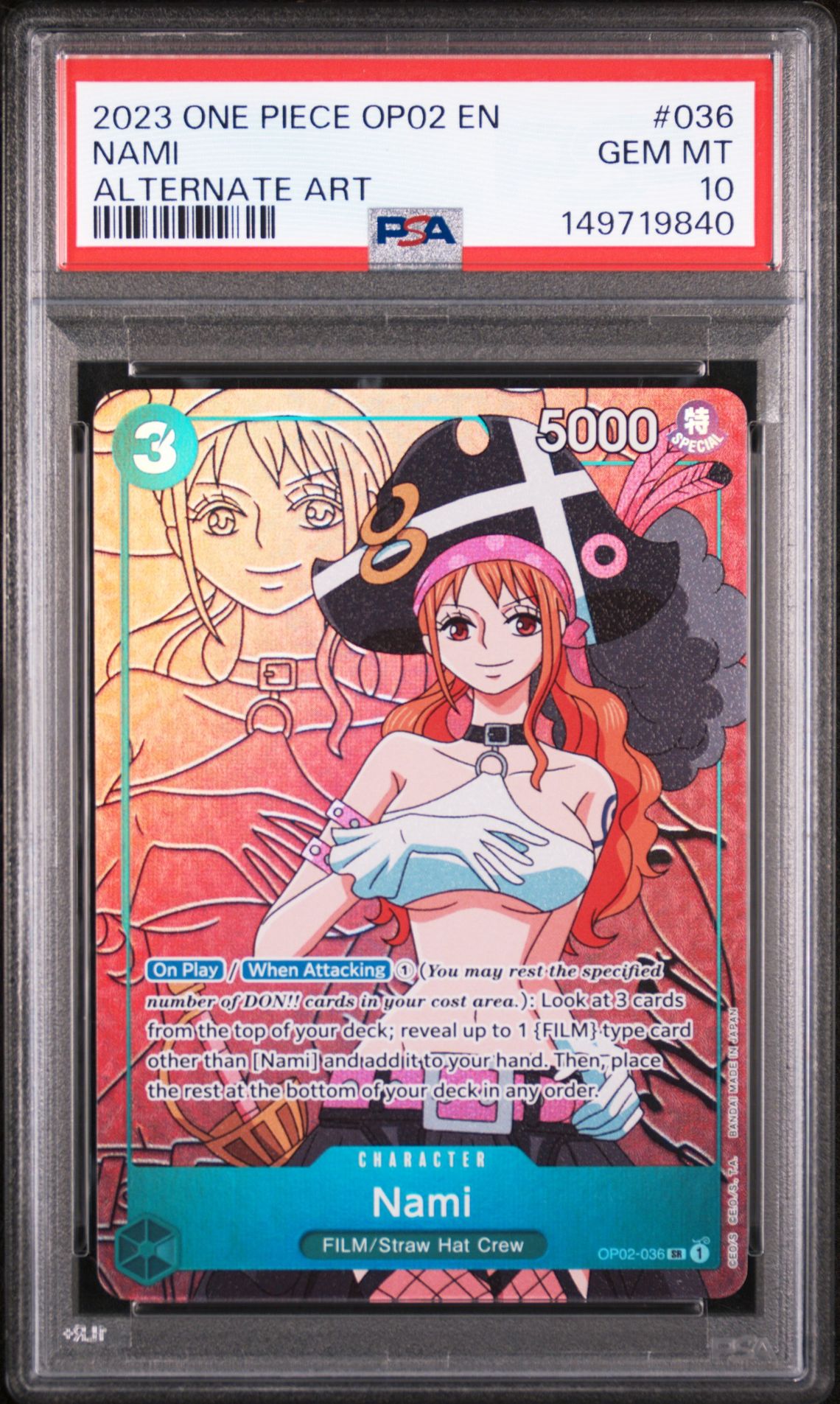 2023 ONE PIECE OP02-PARAMOUNT WAR NAMI ALTERNATE ART 036 GEM MT 10 front