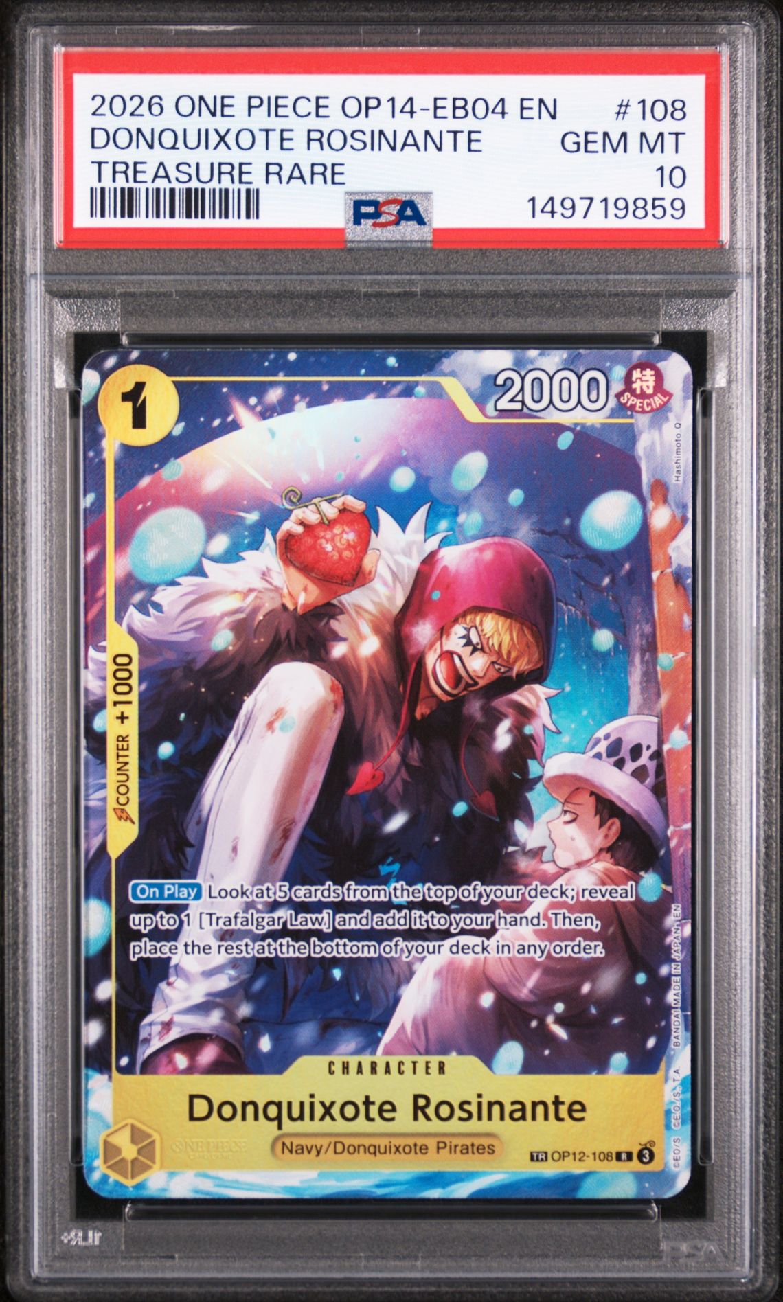 2026 One Piece Op14-Eb04-The Azure Sea's Seven Donquixote Rosinante #108 (Treasure Rare) Gem Mt 10 front view - PSA graded GEM MT 10
