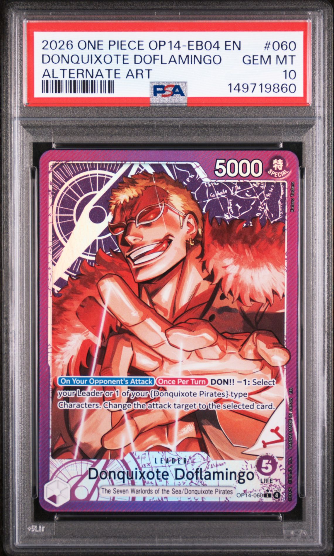 2026 One Piece Op14-Eb04-The Azure Sea's Seven Donquixote Doflamingo #060 (Alternate Art) Gem Mt 10 front view - PSA graded GEM MT 10