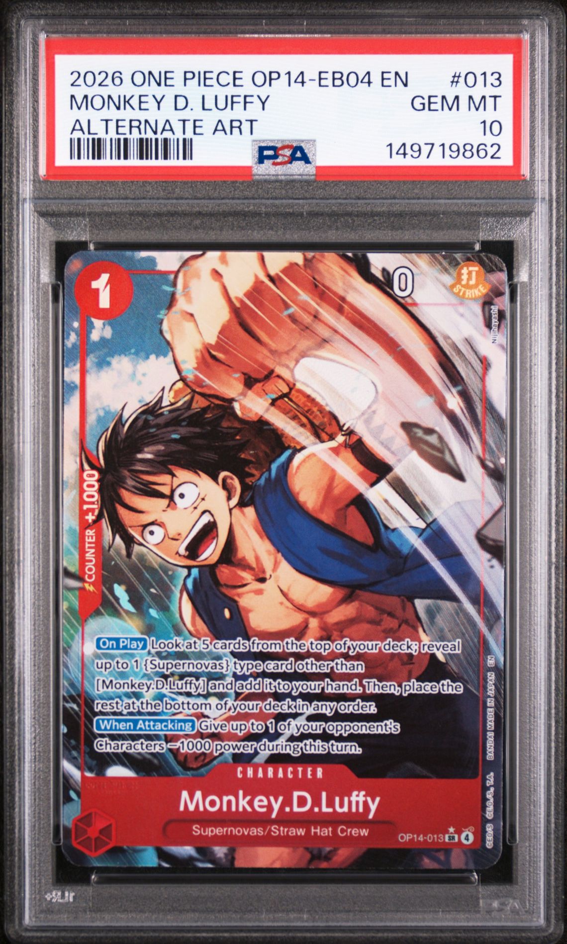 2026 One Piece Op14-Eb04-The Azure Sea's Seven Monkey D. Luffy #013 (Alternate Art) Gem Mt 10 front