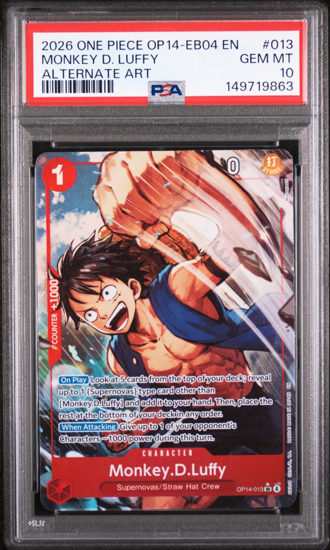 2026 One Piece Op14-Eb04-The Azure Sea's Seven Monkey D. Luffy #013 (Alternate Art) Gem Mt 10 front