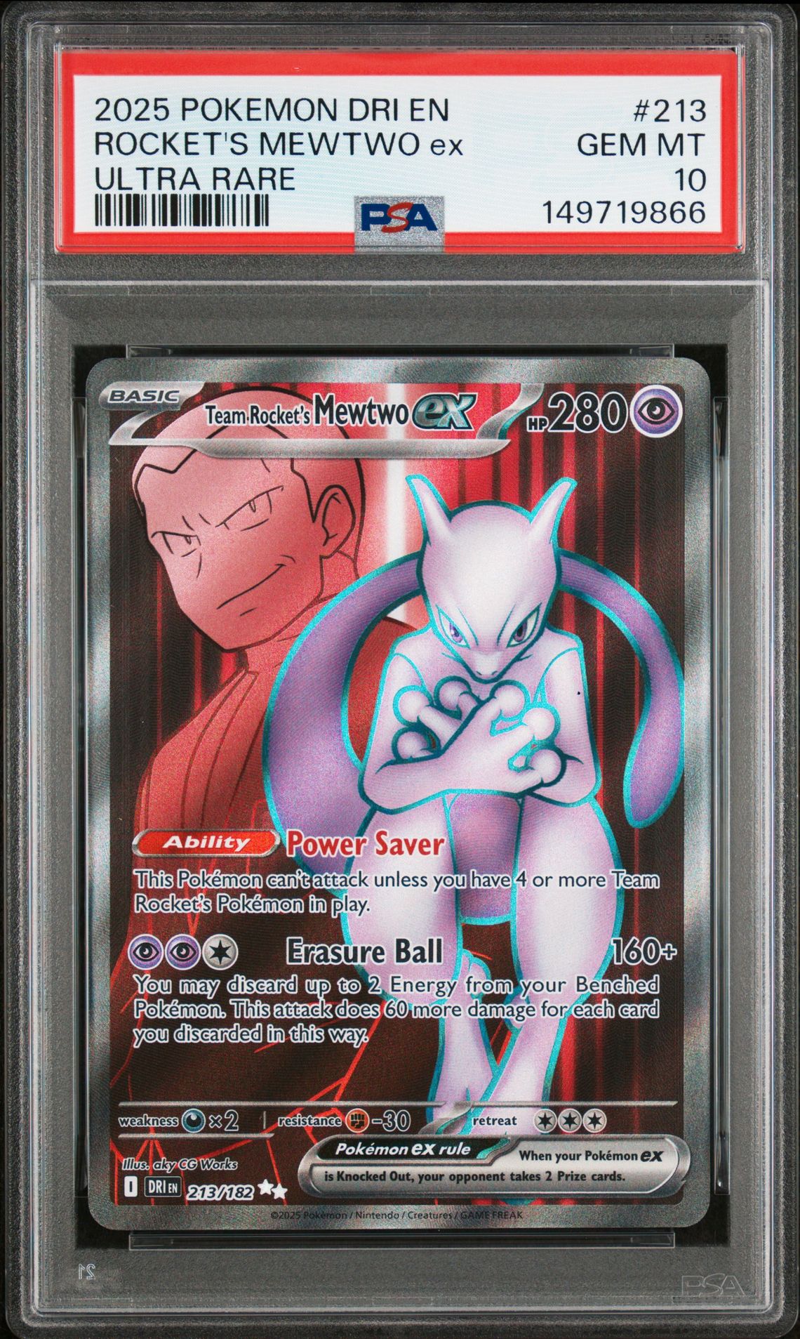 2025 Pokemon Dri En-Destined Rivals Rocket's Mewtwo Ex #213 (Ultra Rare) Gem Mt 10 front view - PSA graded GEM MT 10
