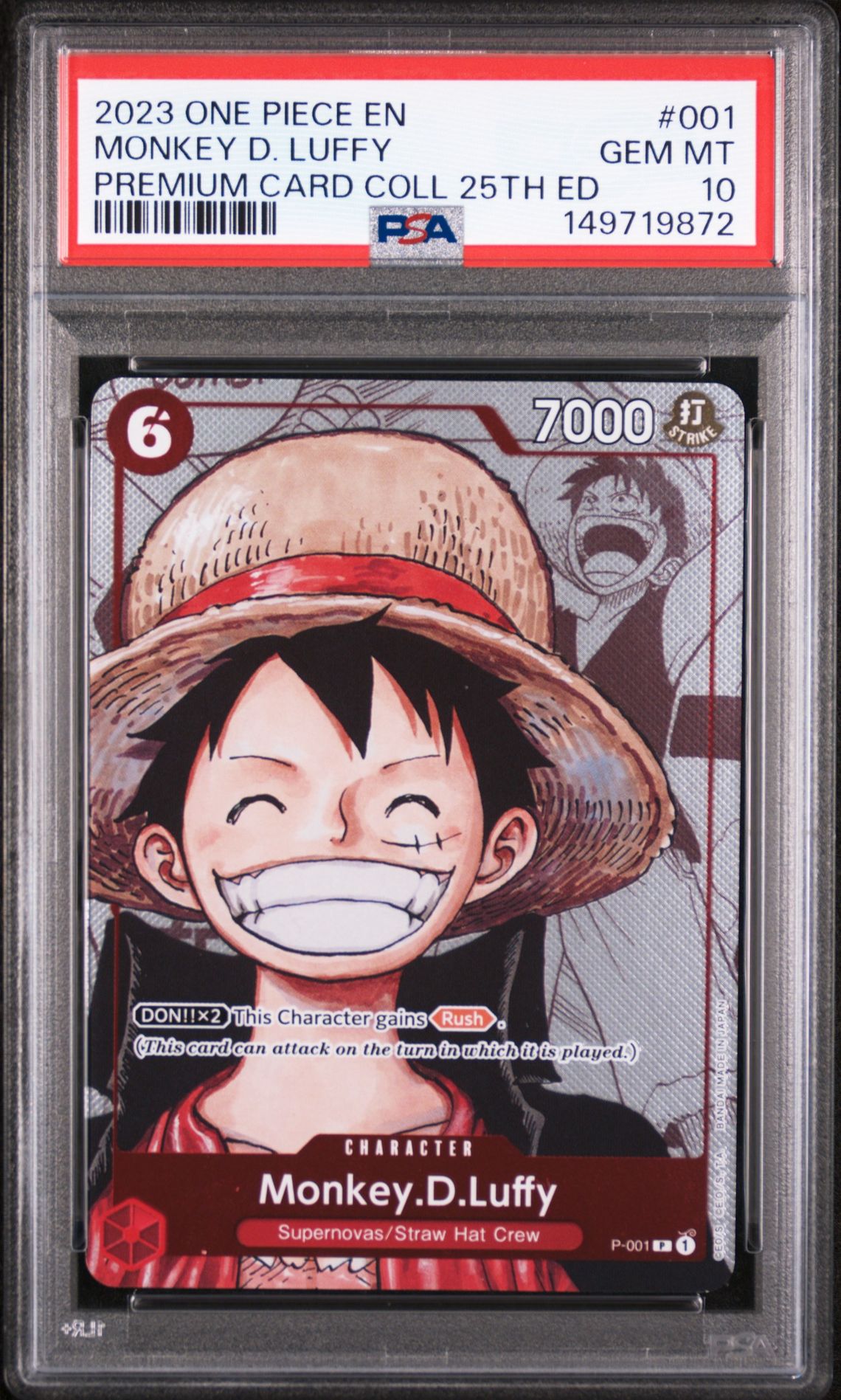 2023 ONE PIECE PREMIUM CARD COLLECTION 25TH EDITION MONKEY D. LUFFY  001 GEM MT 10 front