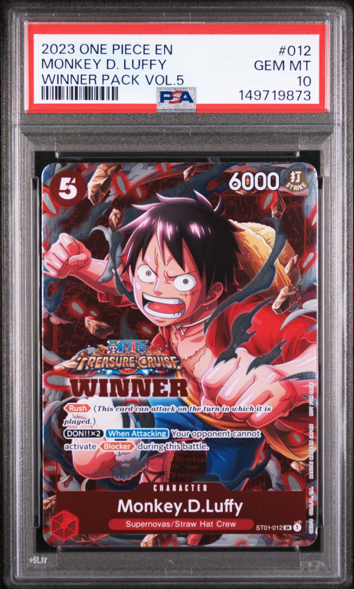 2023 One Piece Promos Monkey D. Luffy #012 (Winner Pack Vol.5) Gem Mt 10 front view - PSA graded GEM MT 10