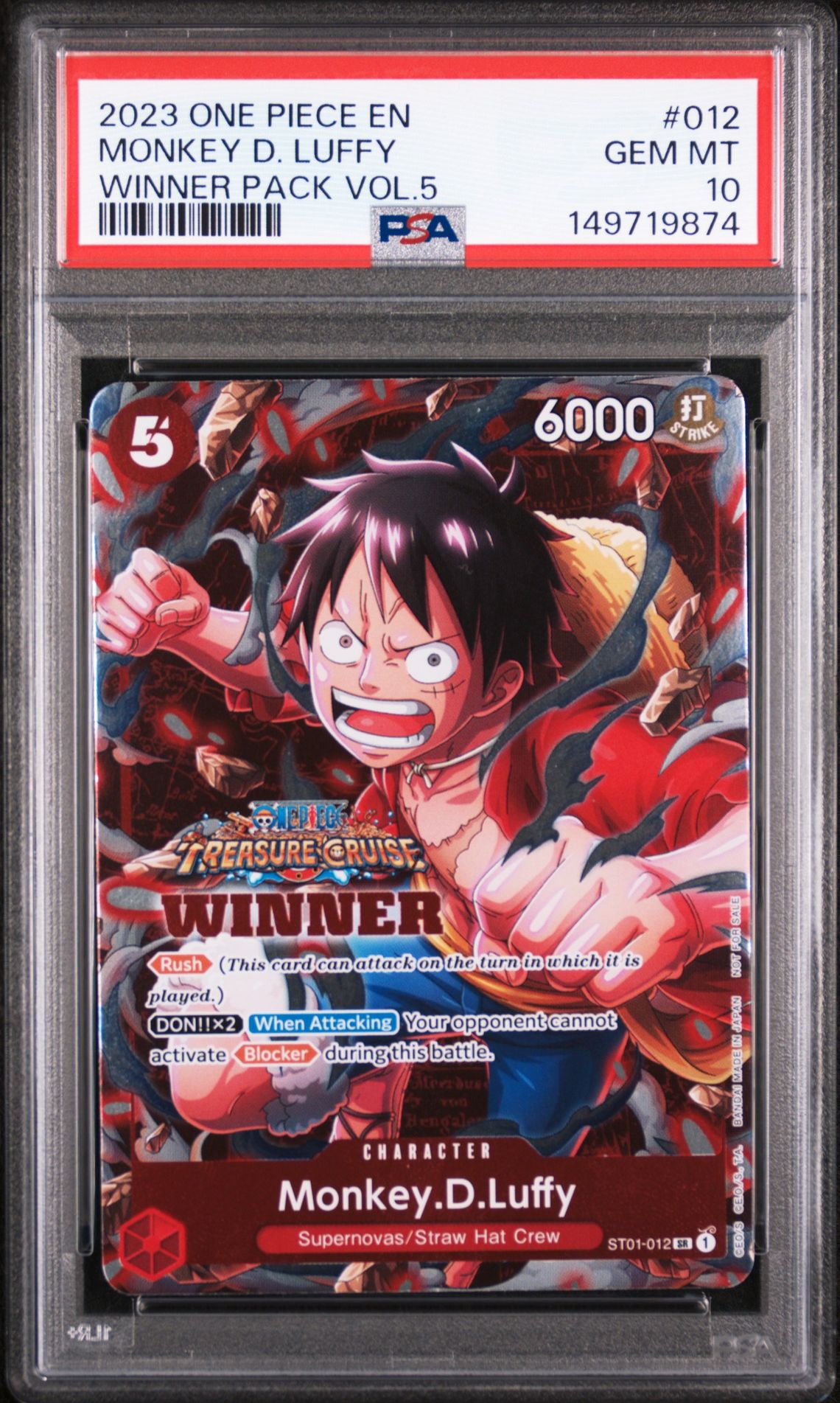 2023 One Piece Promos Monkey D. Luffy #012 (Winner Pack Vol.5) Gem Mt 10 front view - PSA graded GEM MT 10