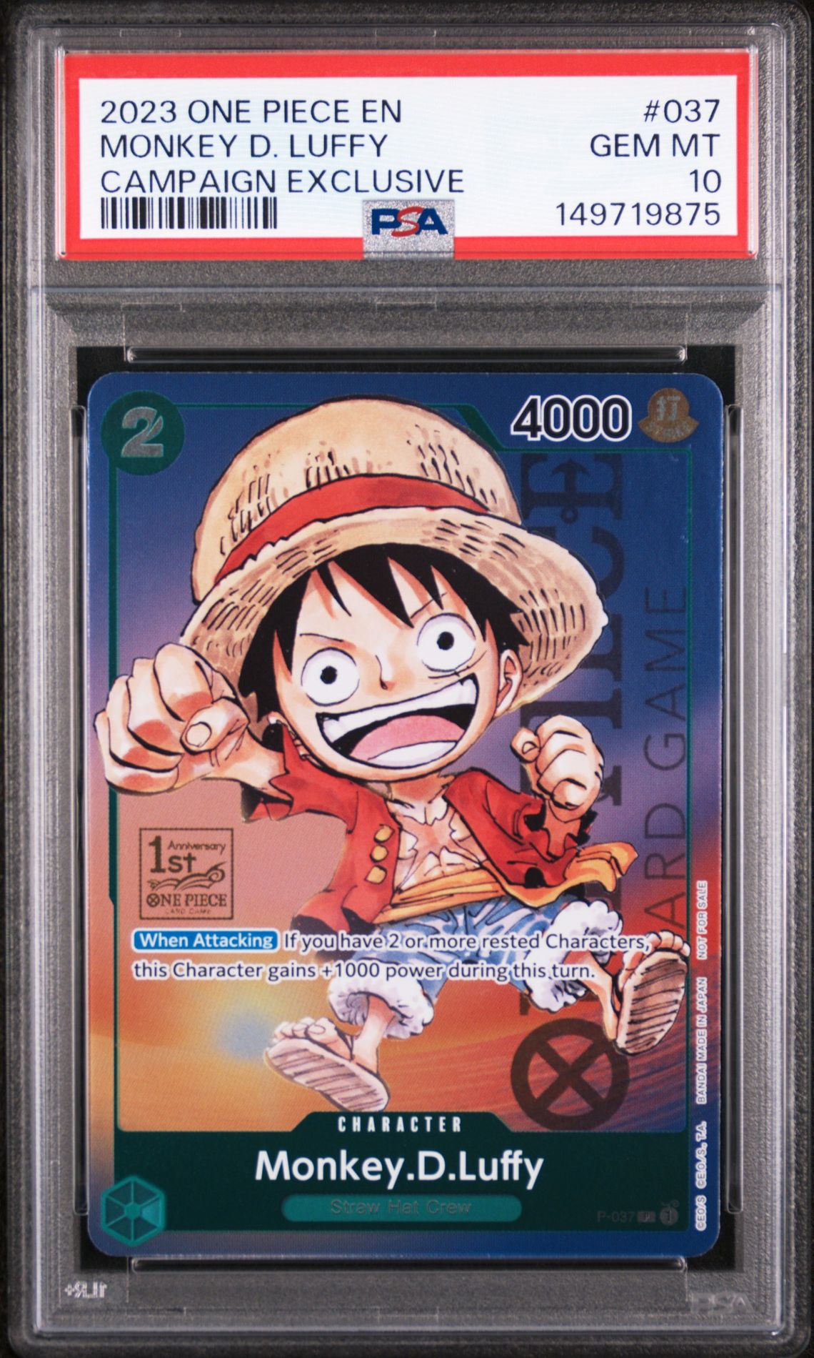 2023 One Piece Promos Monkey D. Luffy #037 (Campaign Exclusive) Gem Mt 10 front view - PSA graded GEM MT 10