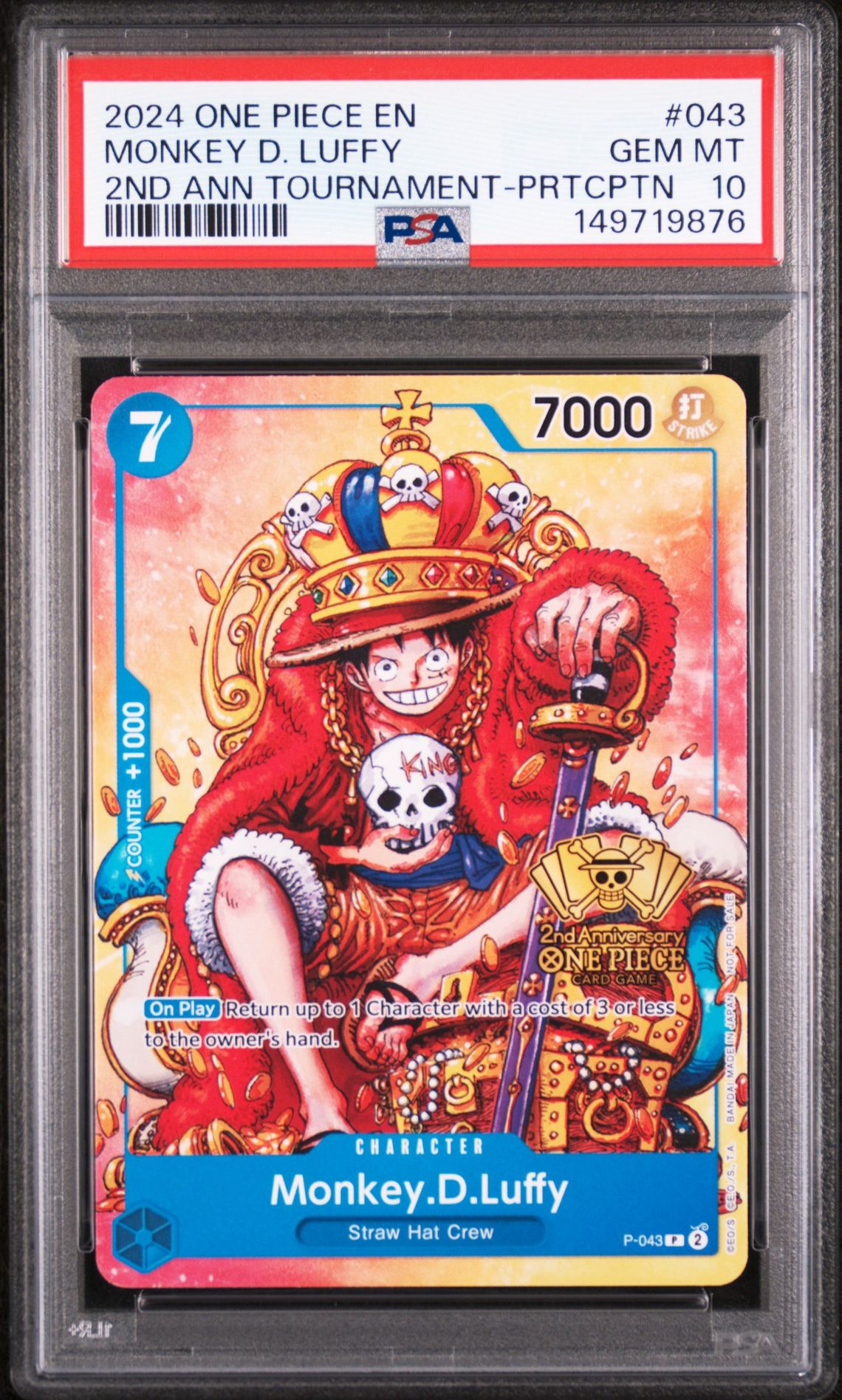 2024 One Piece Promos Monkey D. Luffy #043 (2Nd Ann Tournament-Prtcptn) Gem Mt 10 front view - PSA graded GEM MT 10