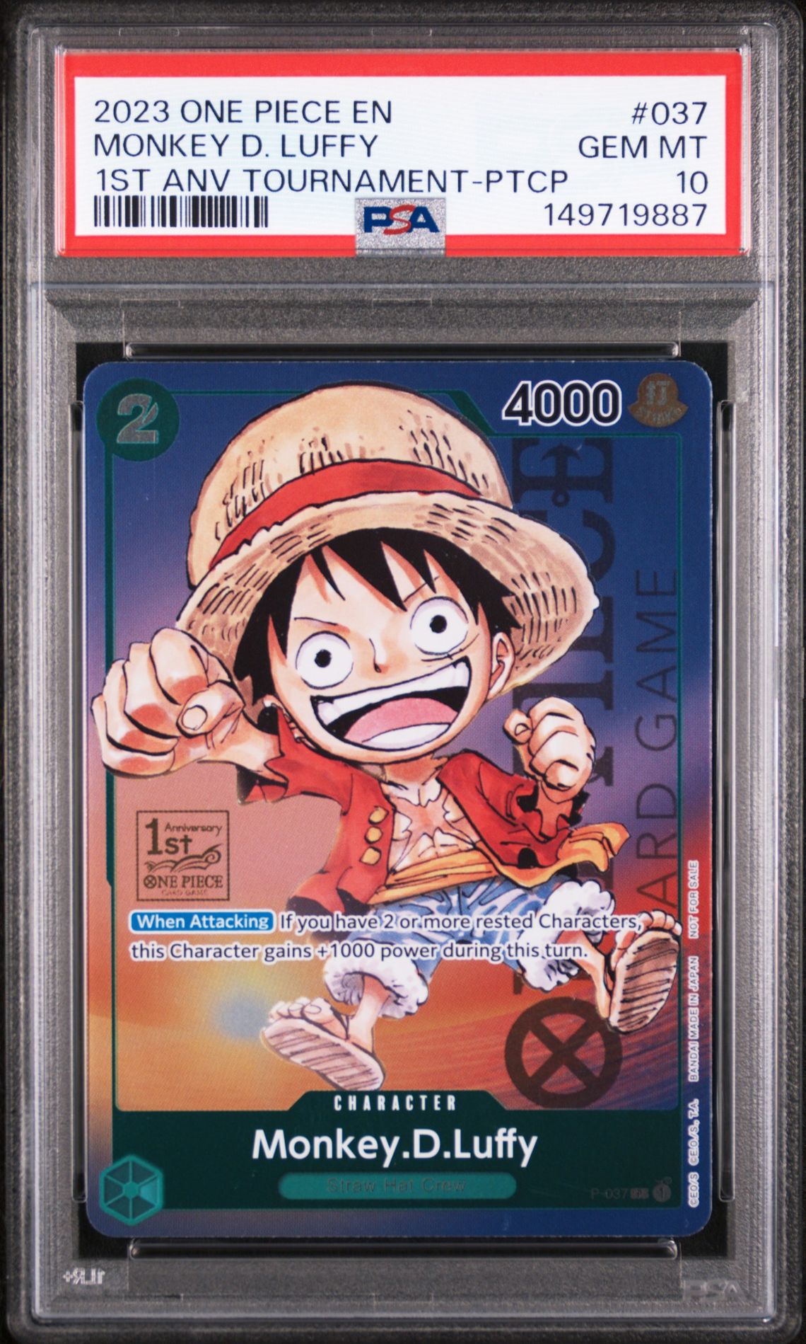 2023 One Piece Promos Monkey D. Luffy #037 (1St Anv Tournament-Ptcp) Gem Mt 10 front