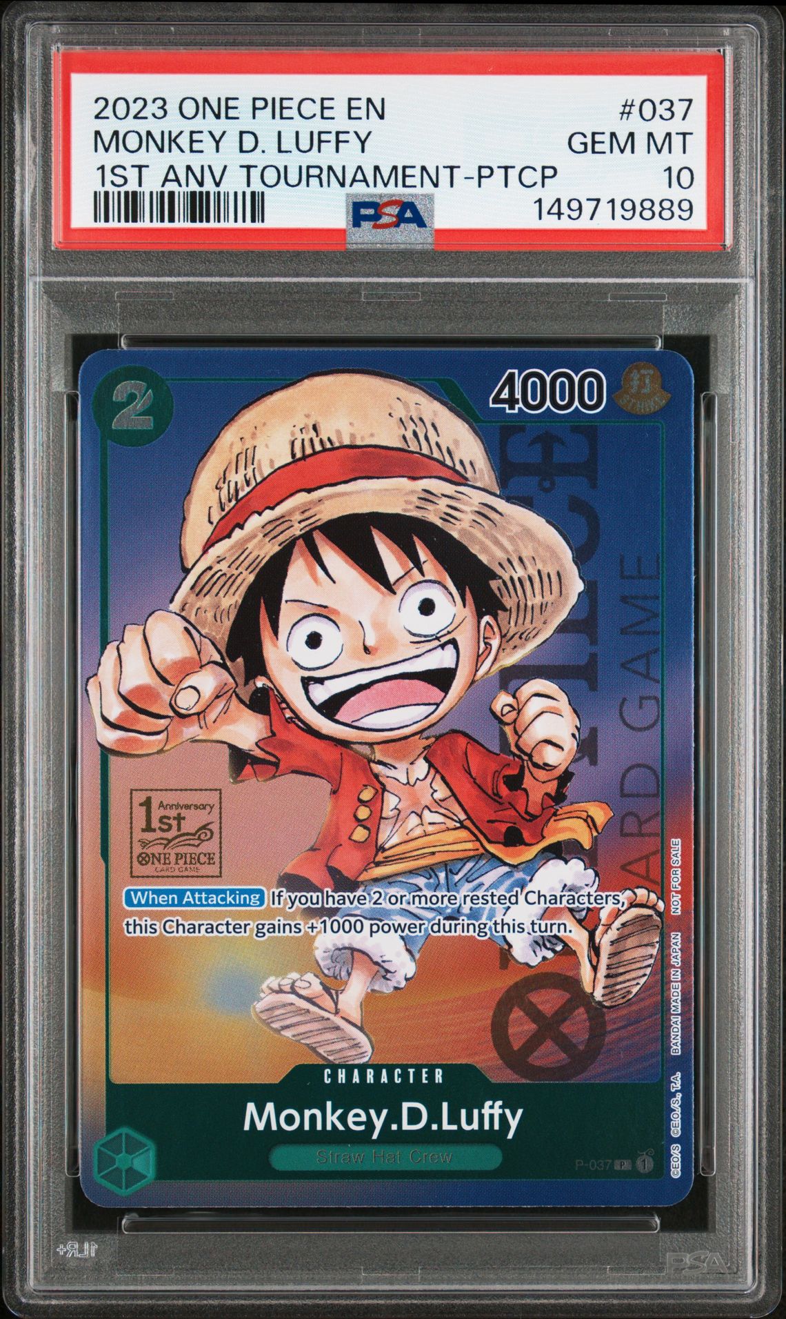2023 One Piece Promos Monkey D. Luffy #037 (1St Anv Tournament-Ptcp) Gem Mt 10 front view - PSA graded GEM MT 10