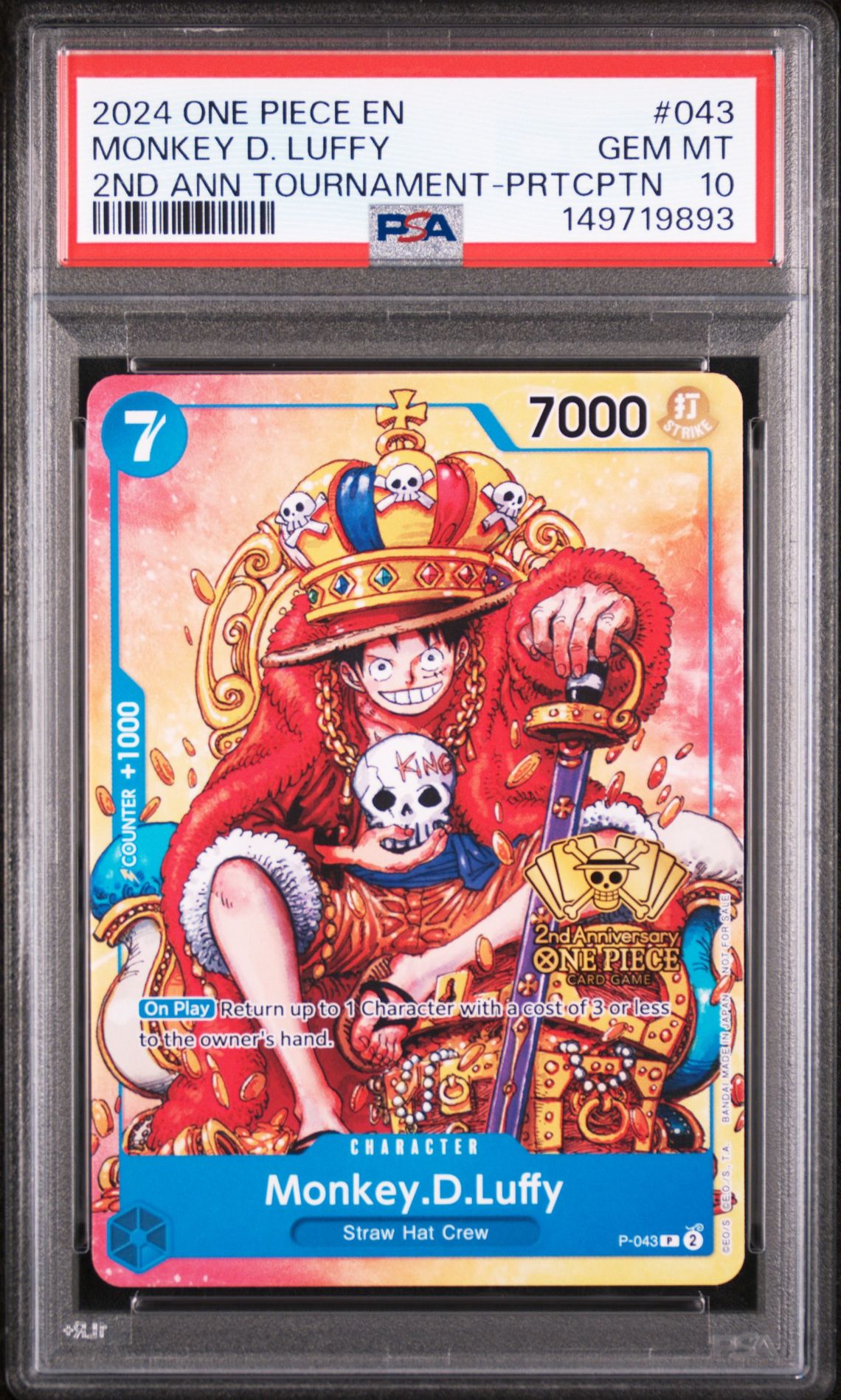 2024 One Piece Promos Monkey D. Luffy #043 (2Nd Ann Tournament-Prtcptn) Gem Mt 10 front view - PSA graded GEM MT 10