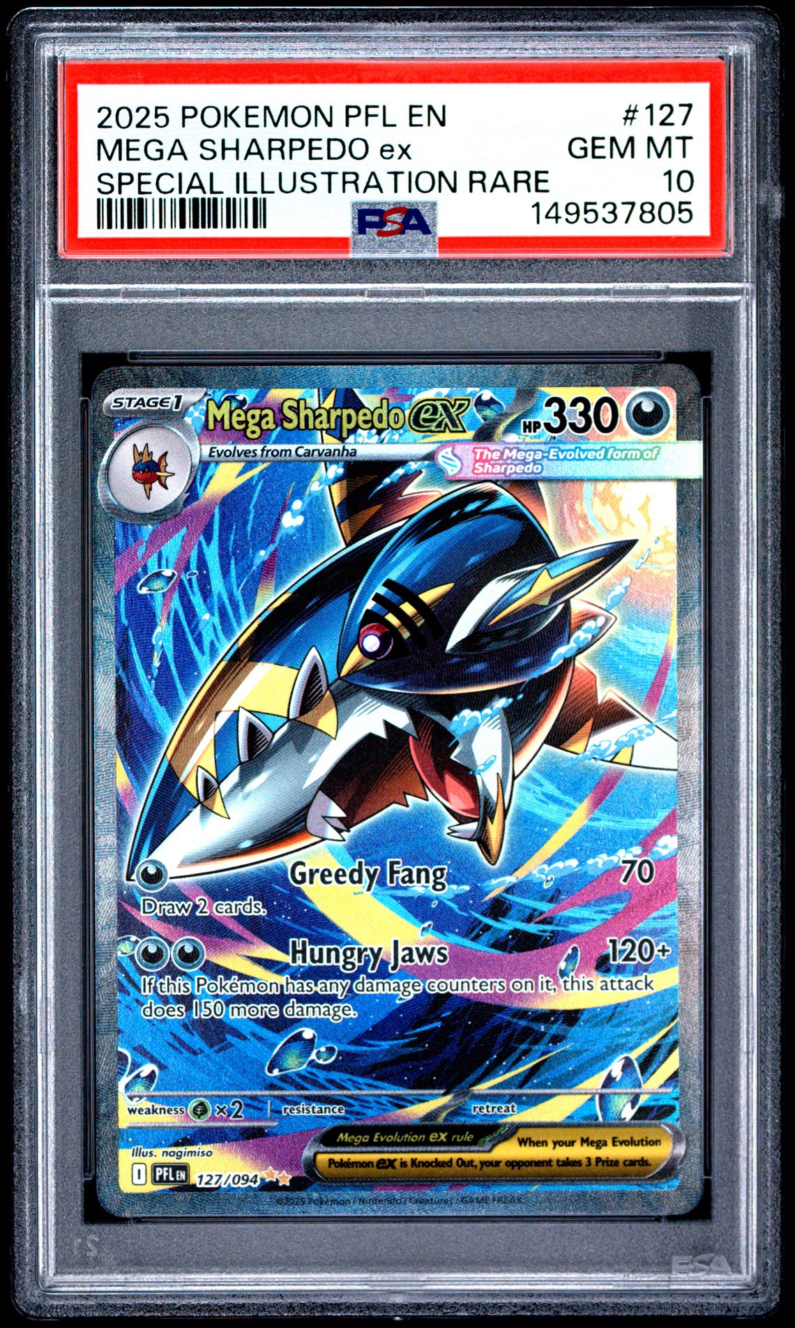 2025 Pokemon Pfl En-Phantasmal Flames Mega Sharpedo Ex #127 (Special Illustration Rare) Gem Mt 10 front