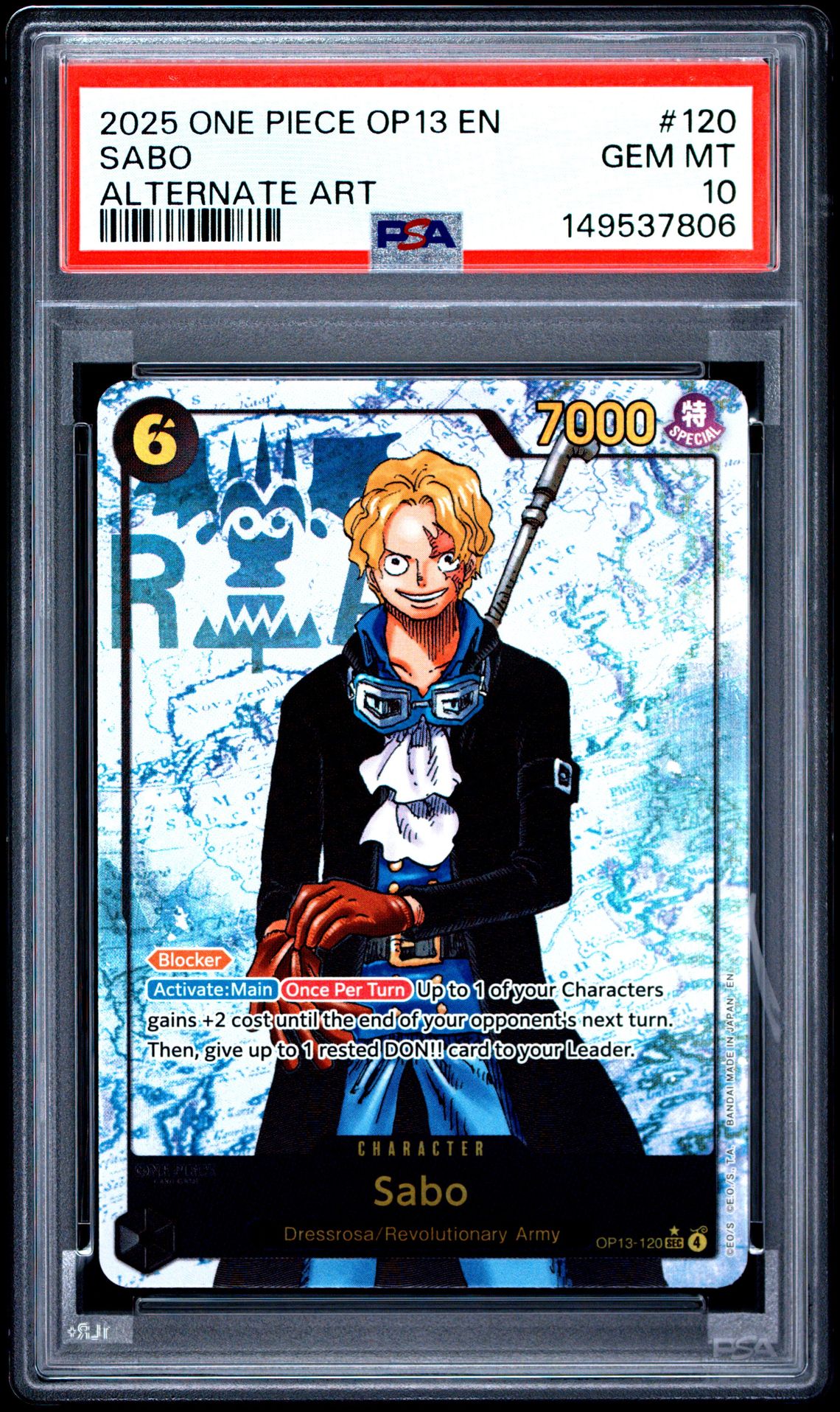 2025 One Piece Op13-Carrying On His Will Sabo #120 (Alternate Art) Gem Mt 10 front view - PSA graded GEM MT 10