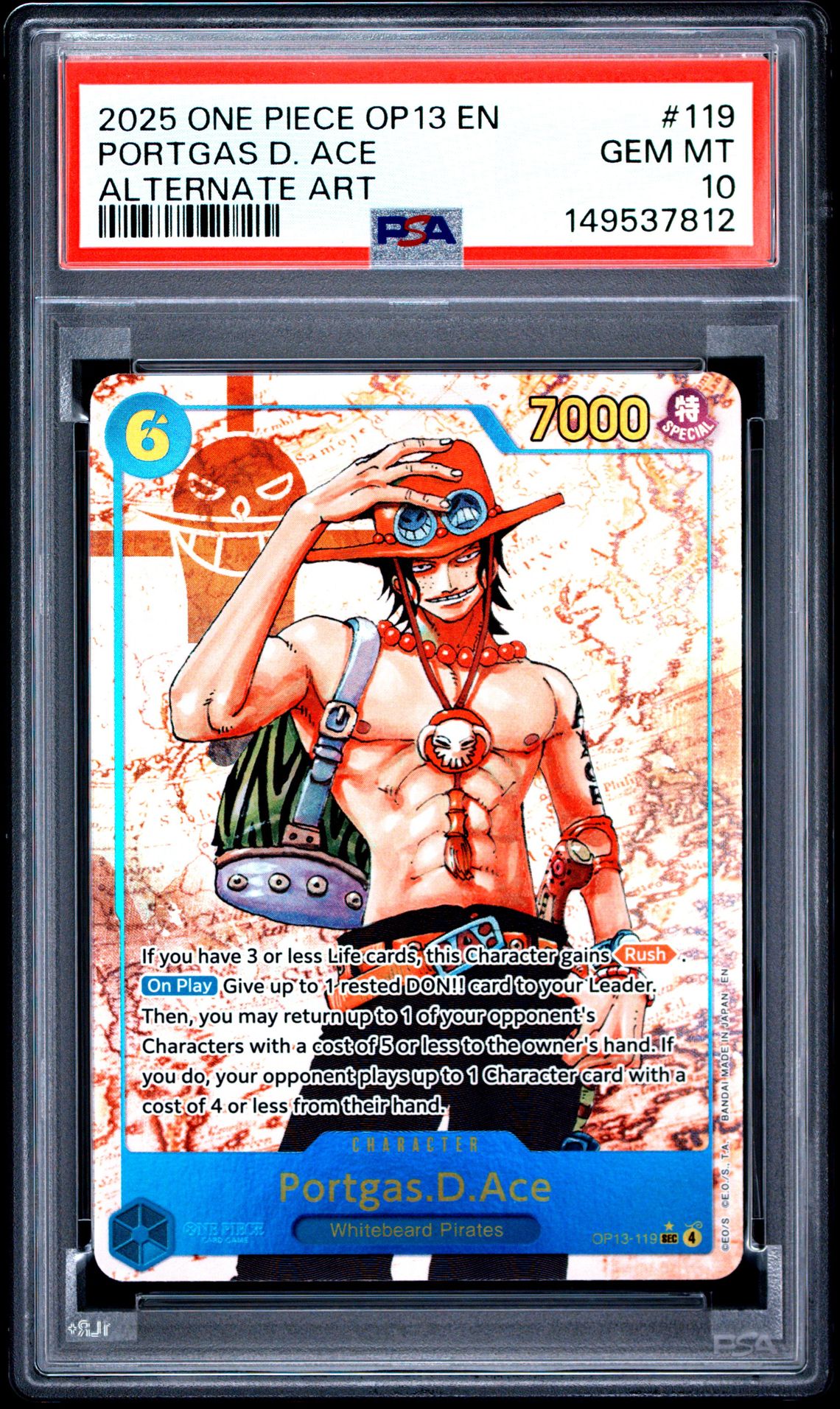 2025 One Piece Op13-Carrying On His Will Portgas D. Ace #119 (Alternate Art) Gem Mt 10 front
