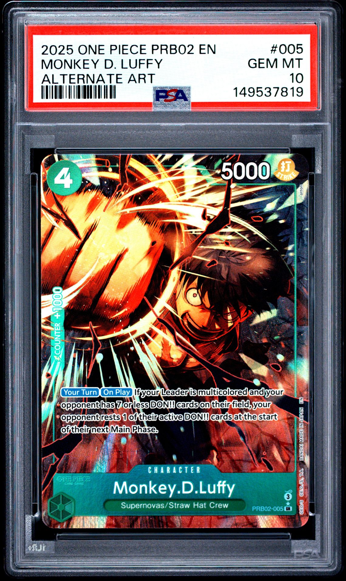 2025 One Piece Prb02-Premium Booster -One Piece Card The Best- Vol.2 Monkey D. Luffy #005 (Alternate Art) Gem Mt 10 front