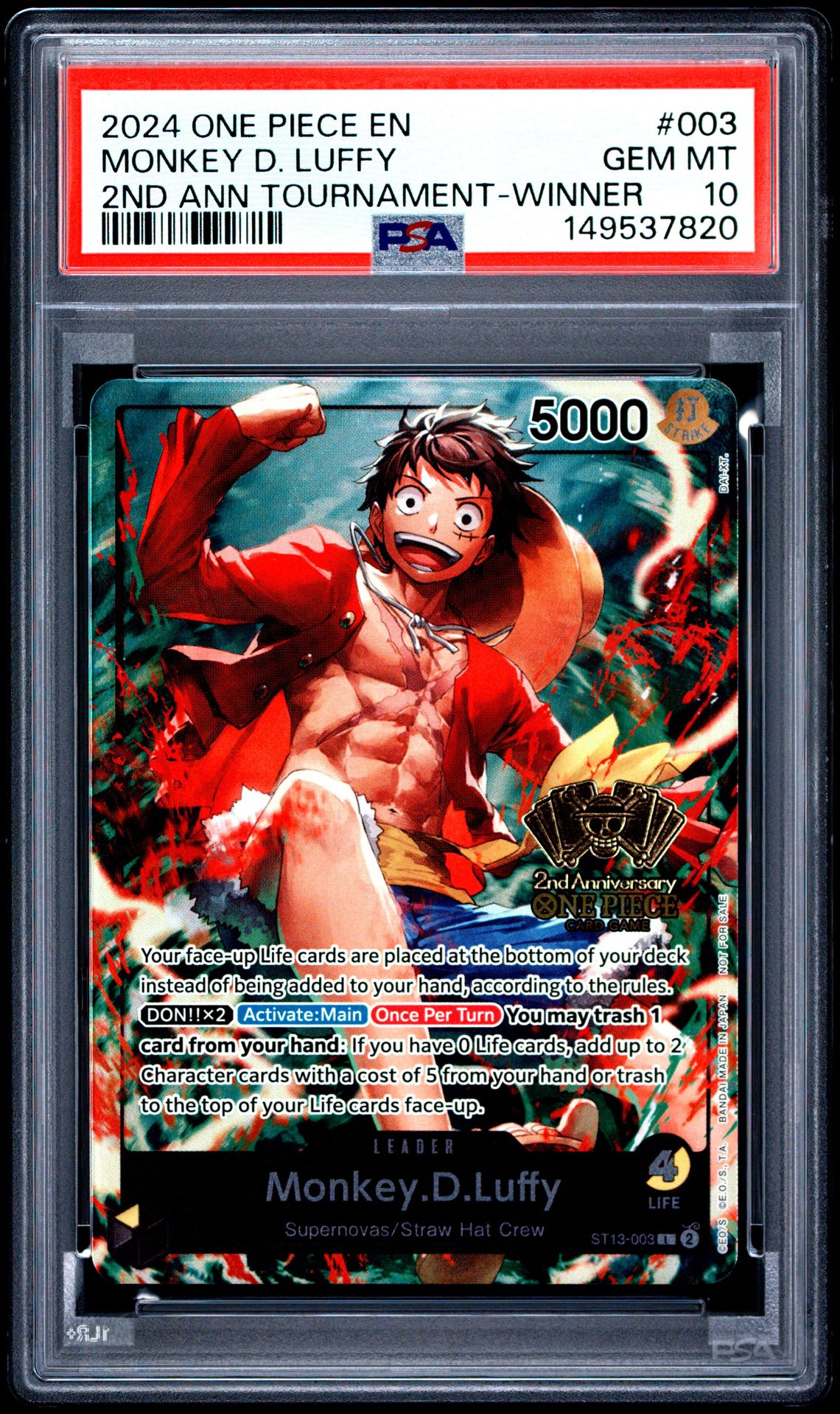 2024 One Piece Promos Monkey D. Luffy #003 (2Nd Ann Tournament-Winner) Gem Mt 10 front