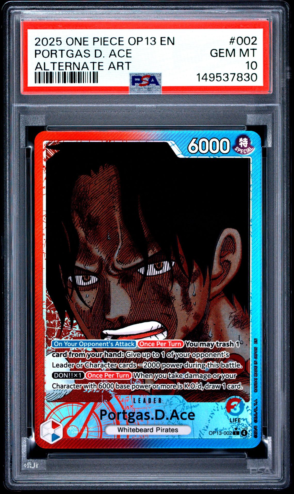 2025 One Piece Op13-Carrying On His Will Portgas D. Ace #002 (Alternate Art) Gem Mt 10 front view - PSA graded GEM MT 10