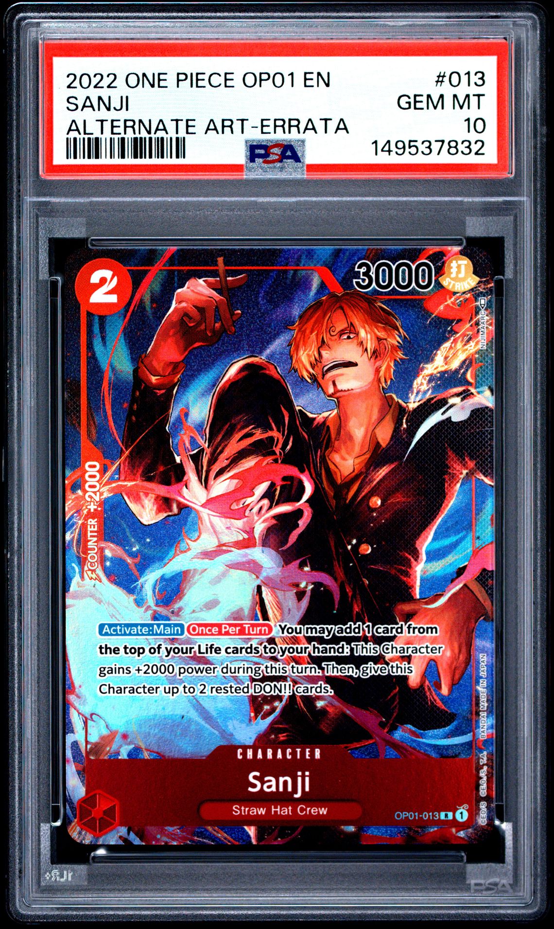 2022 One Piece Op01-Romance Dawn Sanji #013 (Alternate Art-Errata) Gem Mt 10 front view - PSA graded GEM MT 10
