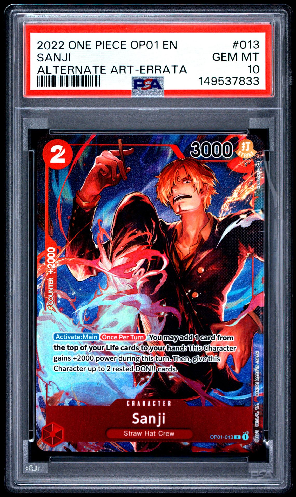 2022 One Piece Op01-Romance Dawn Sanji #013 (Alternate Art-Errata) Gem Mt 10 front view - PSA graded GEM MT 10