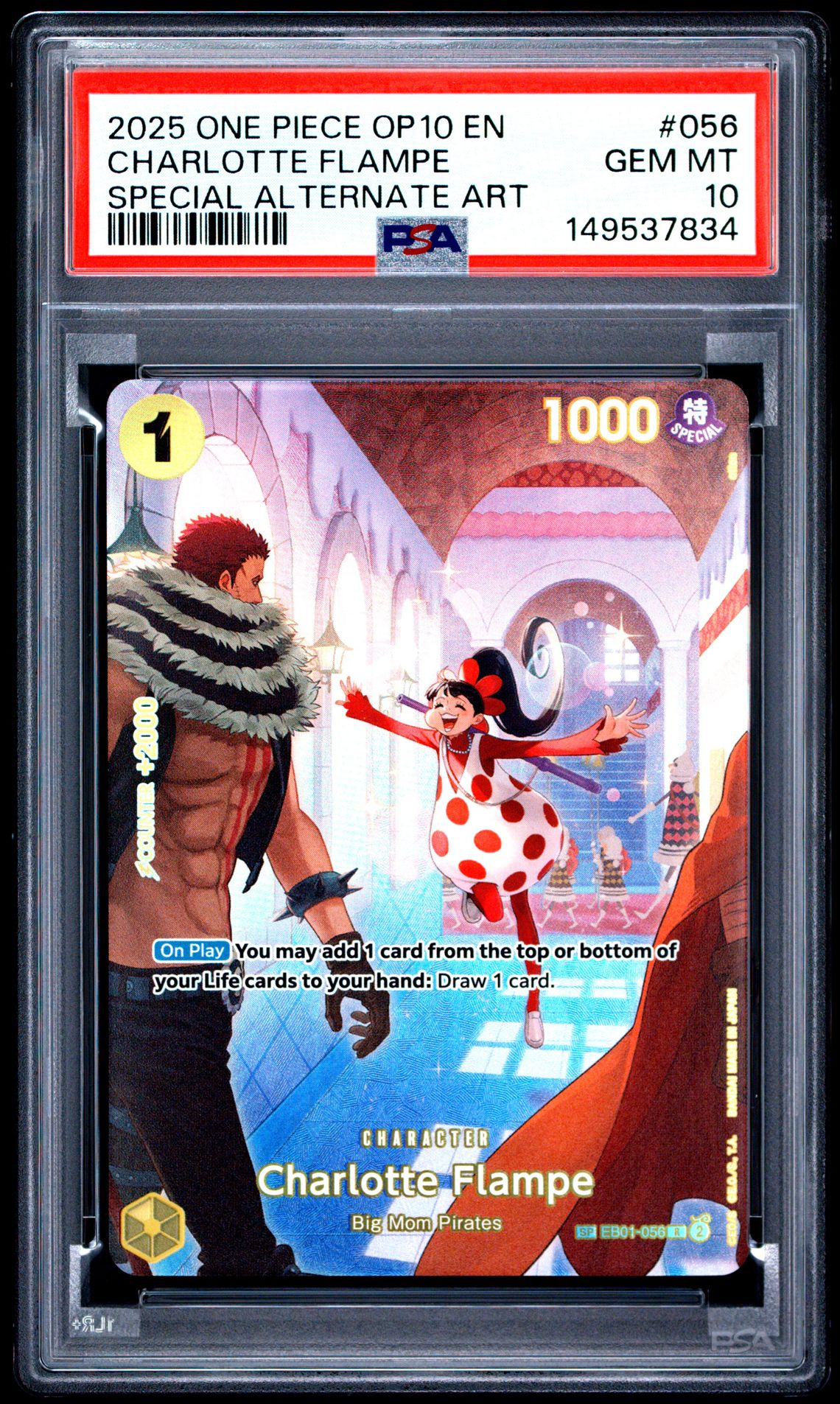 2025 One Piece Op10-Royal Blood Charlotte Flampe #056 (Special Alternate Art) Gem Mt 10 front view - PSA graded GEM MT 10