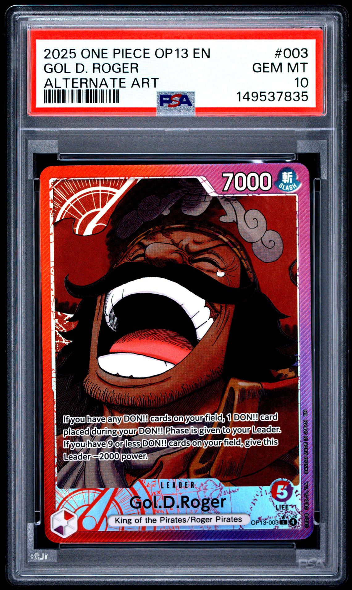 2025 One Piece Op13-Carrying On His Will Gol D. Roger #003 (Alternate Art) Gem Mt 10 front view - PSA graded GEM MT 10