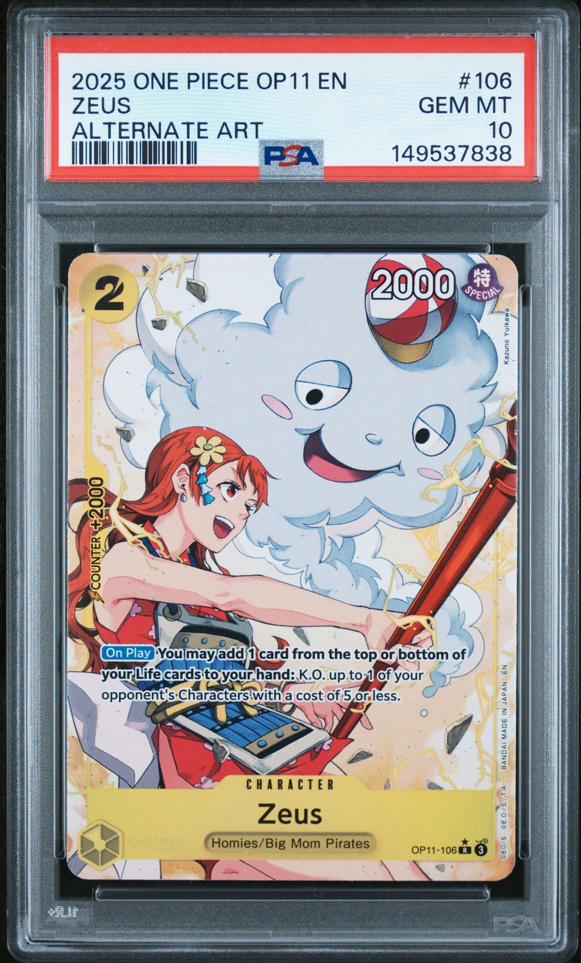 2025 One Piece Op11-A Fist Of Divine Speed Zeus #106 (Alternate Art) Gem Mt 10 front