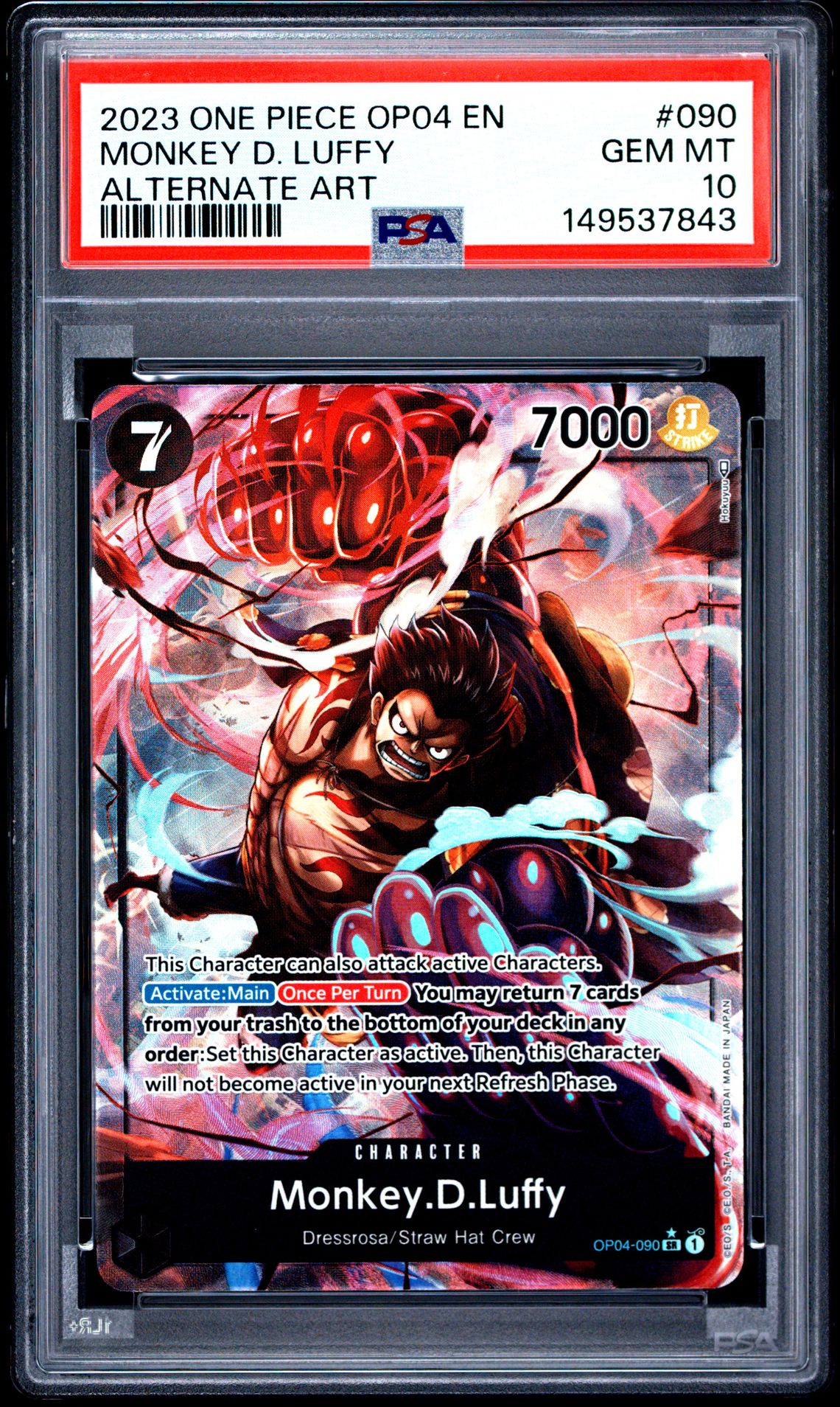 2023 One Piece Op04-Kingdoms Of Intrigue Monkey D. Luffy #090 (Alternate Art) Gem Mt 10 front view - PSA graded GEM MT 10