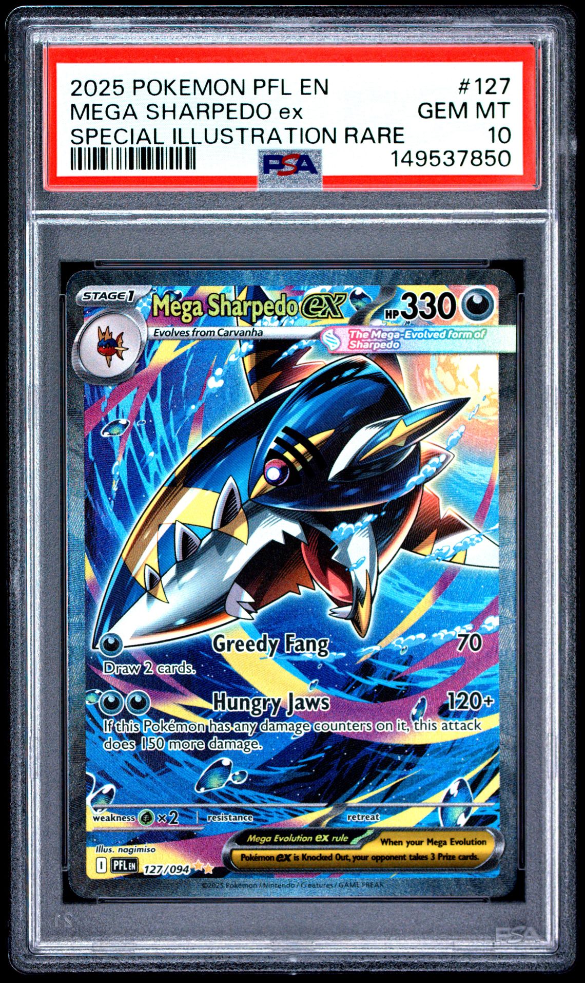 2025 Pokemon Pfl En-Phantasmal Flames Mega Sharpedo Ex #127 (Special Illustration Rare) Gem Mt 10 front