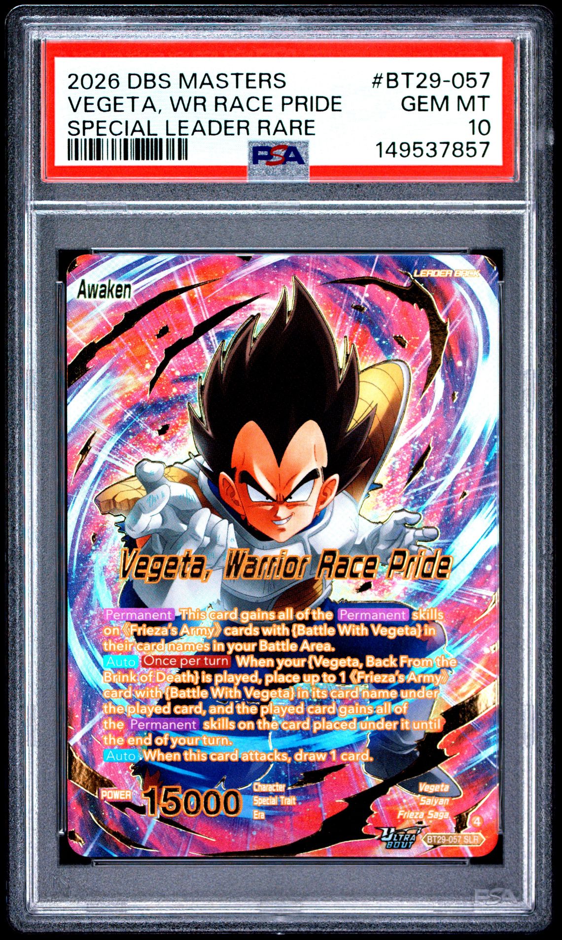 2026 Dragon Ball Super Card Game Masters Series 29 Fearsome Rivals Vegeta, Wr Race Pride #Bt29-057 (Special Leader Rare) Gem Mt 10 front