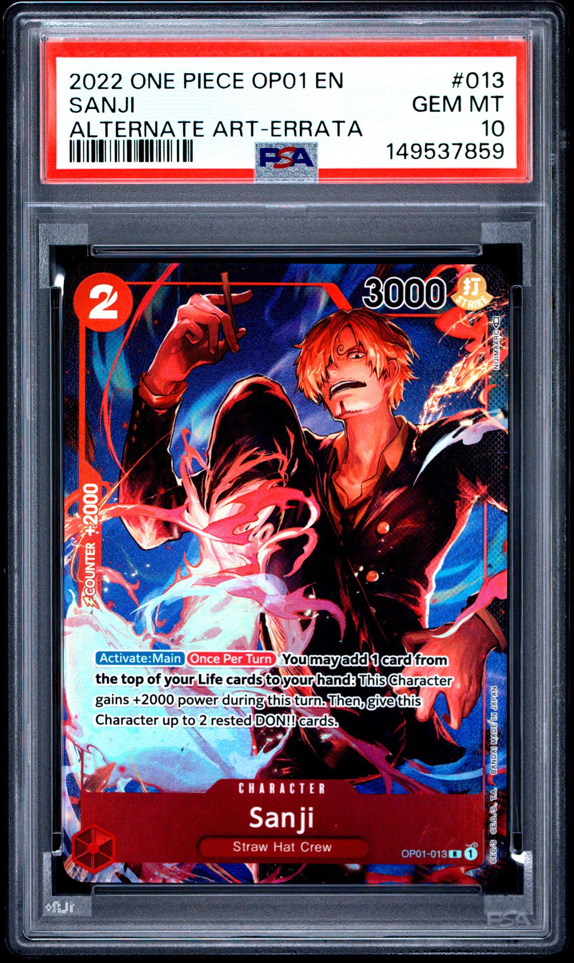 2022 One Piece Op01-Romance Dawn Sanji #013 (Alternate Art-Errata) Gem Mt 10 front view - PSA graded GEM MT 10