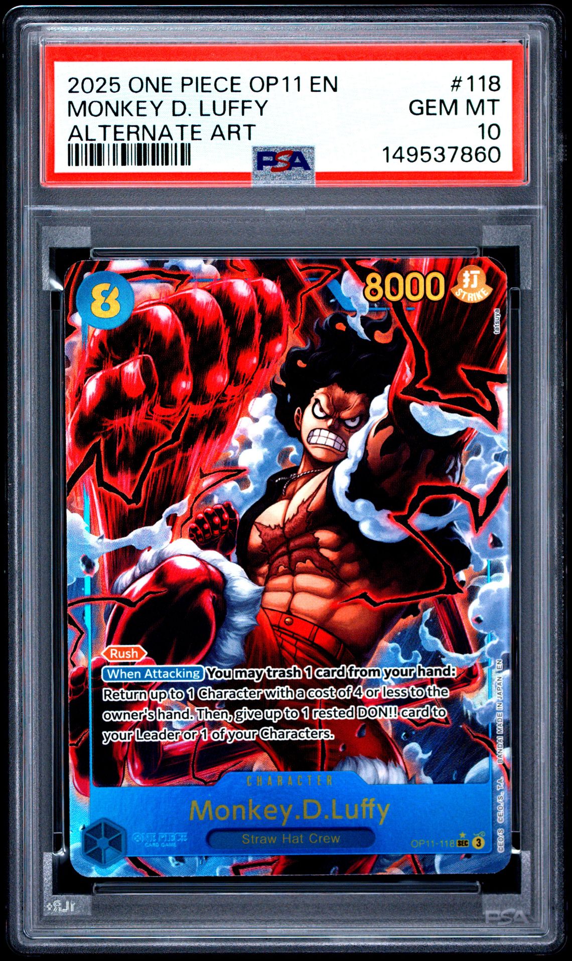 2025 One Piece Op11-A Fist Of Divine Speed Monkey D. Luffy #118 (Alternate Art) Gem Mt 10 front view - PSA graded GEM MT 10