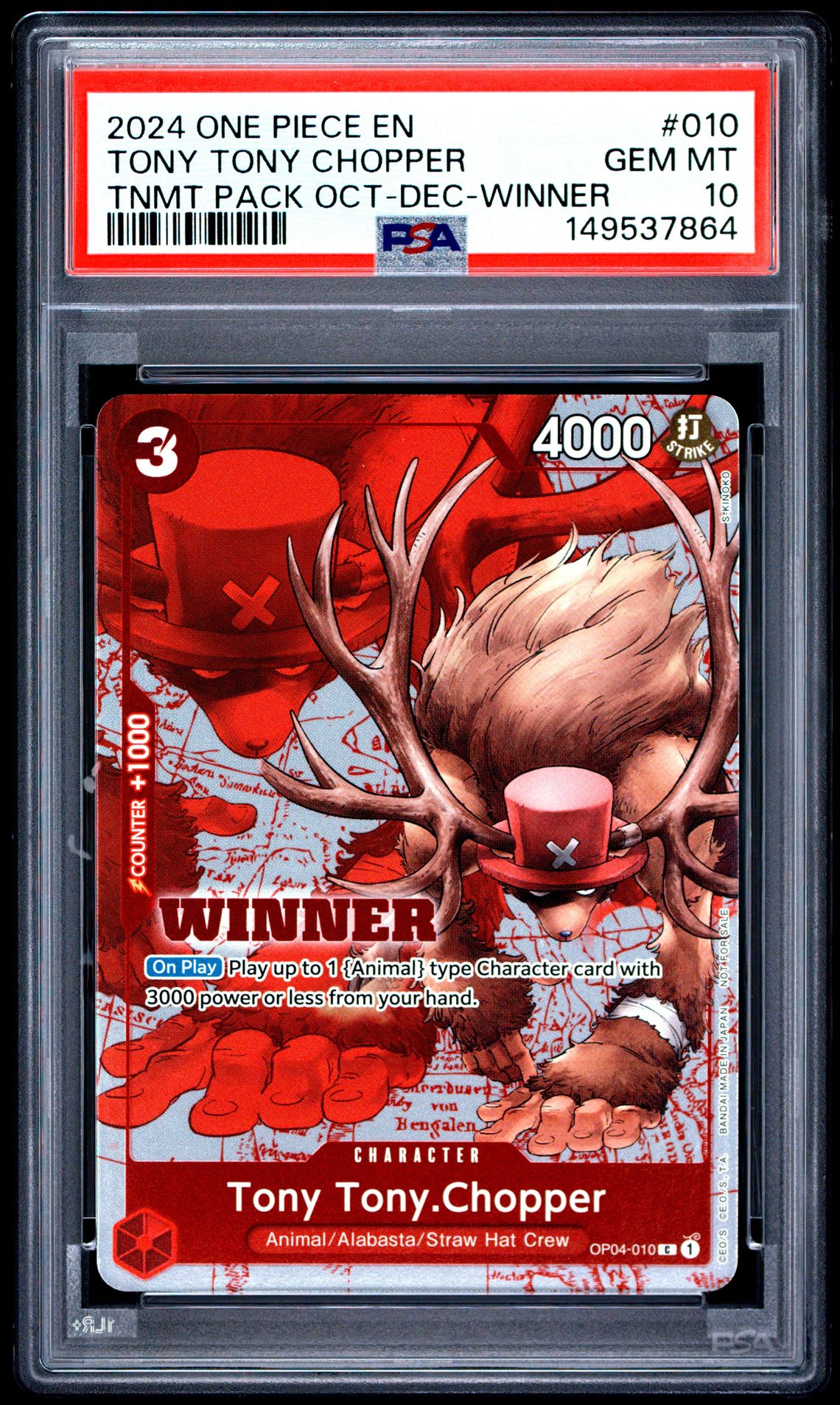 2024 One Piece Tournament Pack October-December Tony Tony Chopper #010 (Tnmt Pack Oct-Dec-Winner) Gem Mt 10 front view - PSA graded GEM MT 10