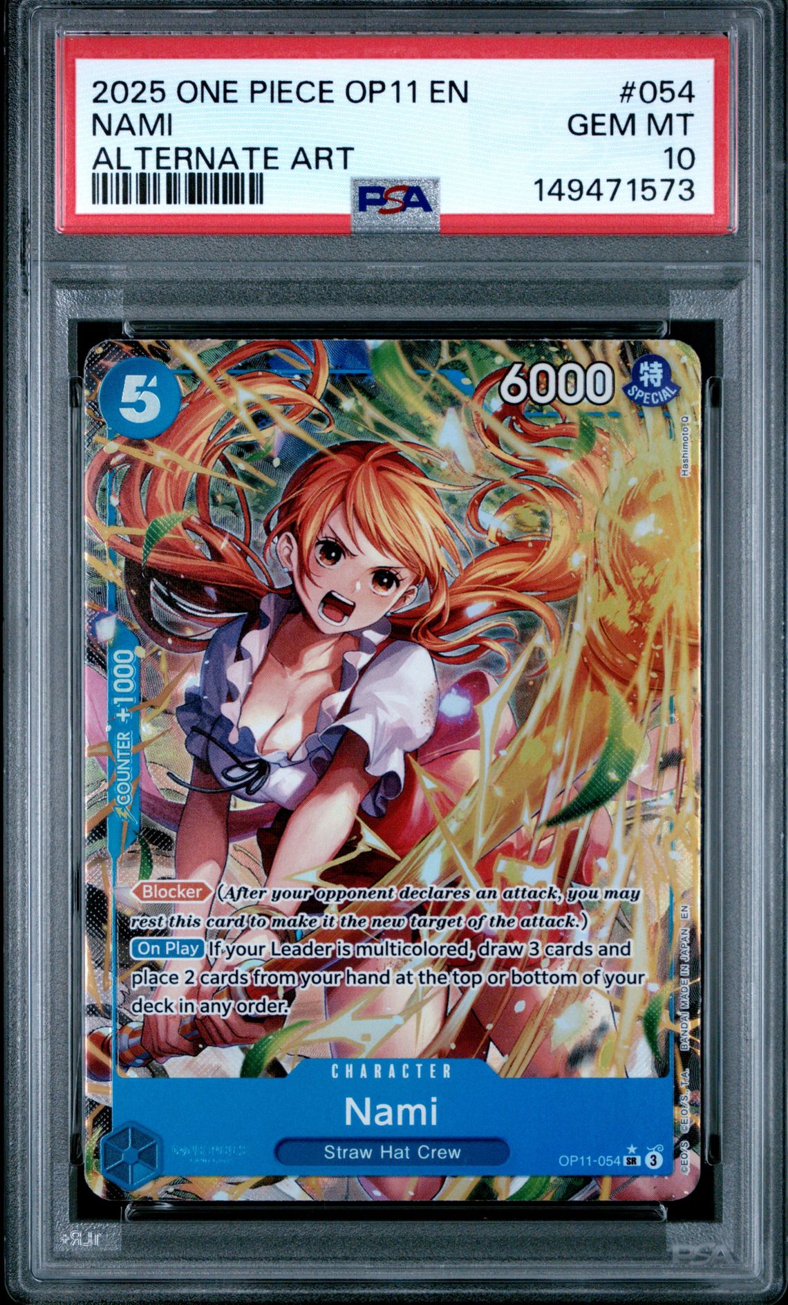 2025 One Piece Op11-A Fist Of Divine Speed Nami #054 (Alternate Art) Gem Mt 10 front view - PSA graded GEM MT 10