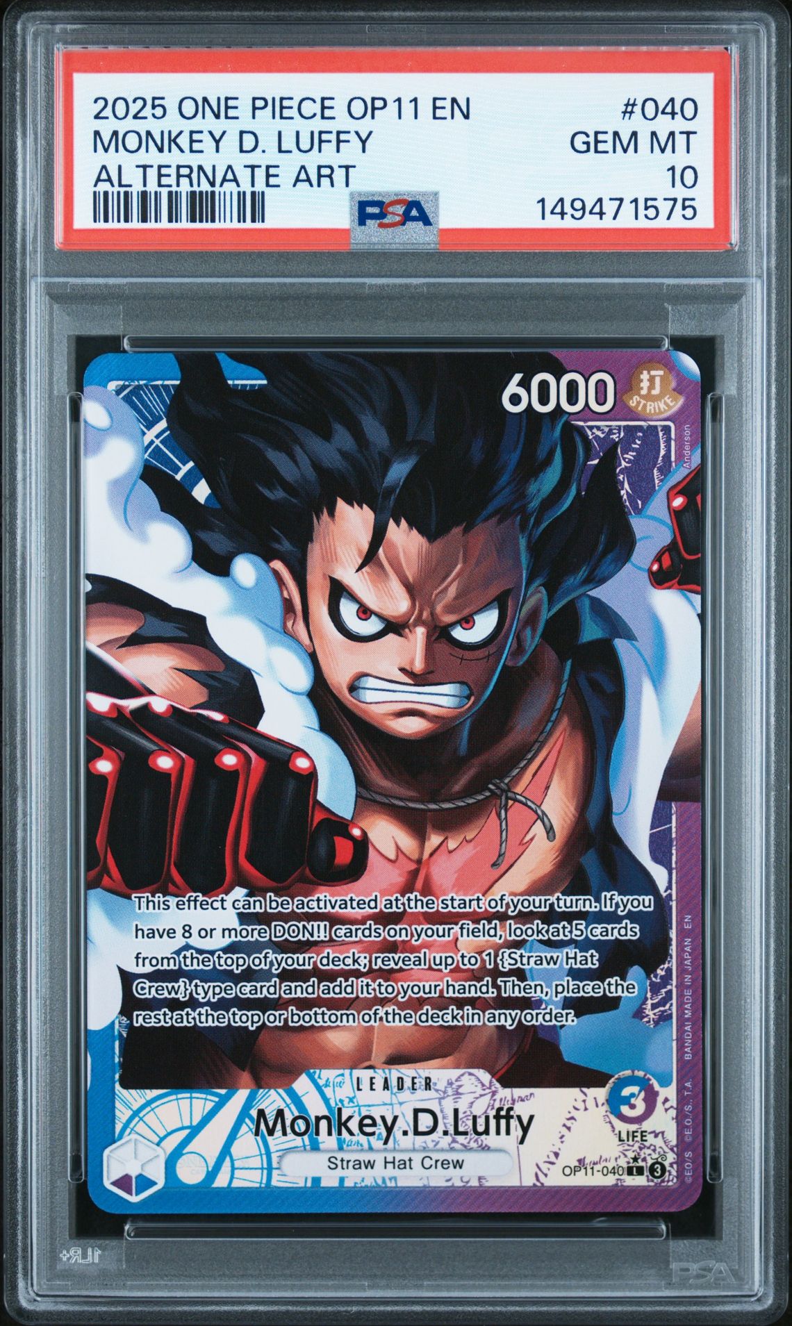 2025 One Piece Op11-A Fist Of Divine Speed Monkey D. Luffy #040 (Alternate Art) Gem Mt 10 front view - PSA graded GEM MT 10