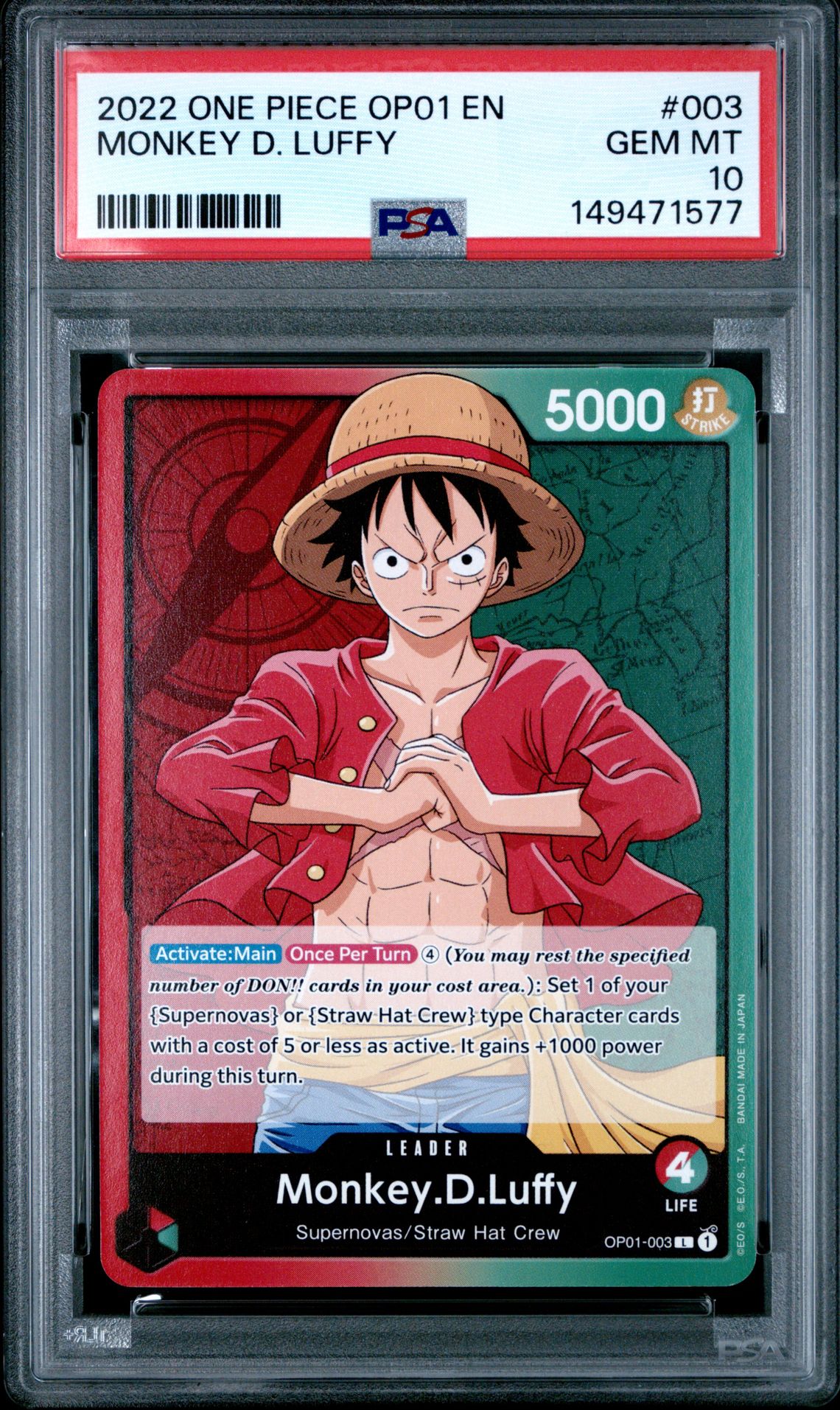 2022 One Piece Op01-Romance Dawn Monkey D. Luffy #003 Gem Mt 10 front view - PSA graded GEM MT 10