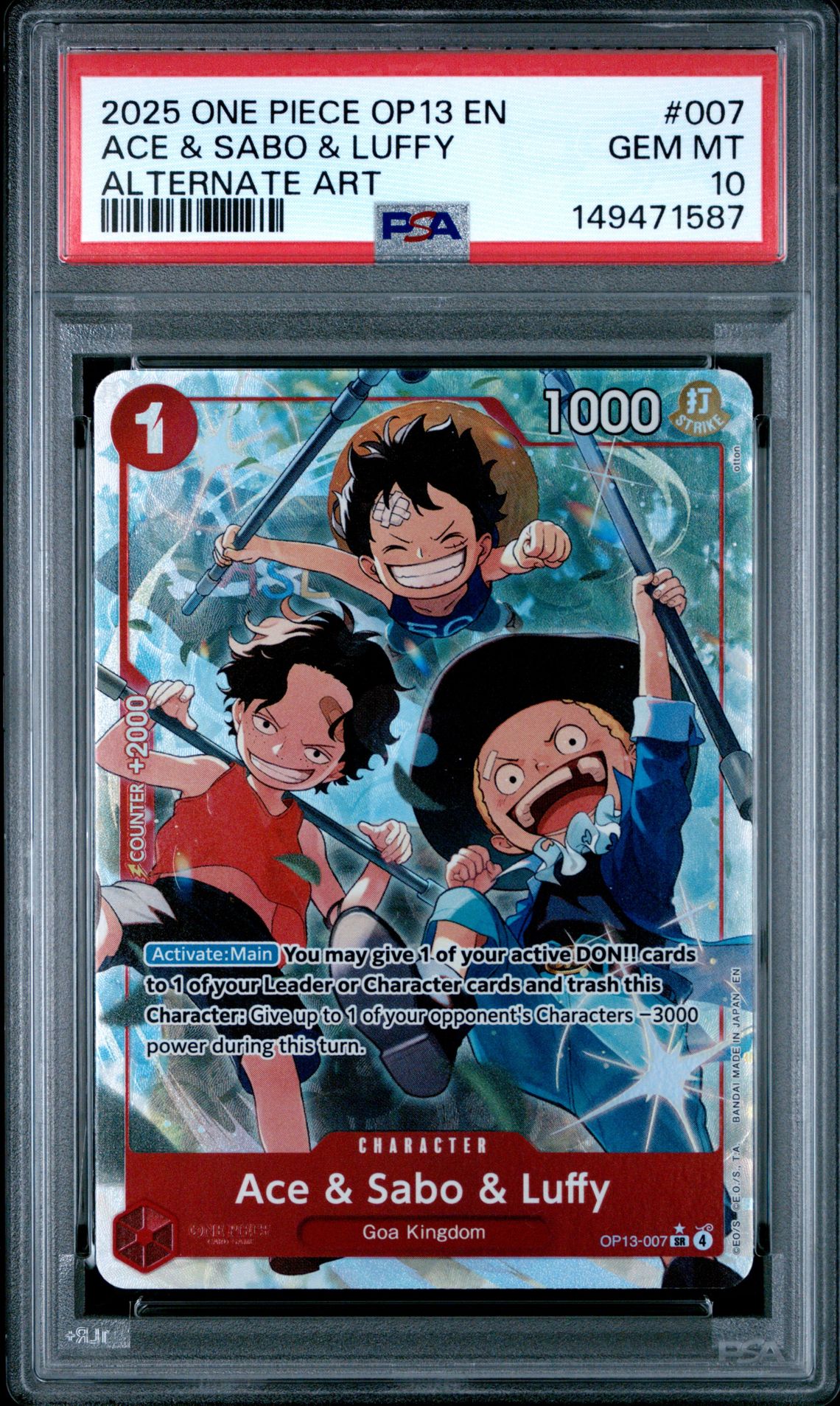 2025 One Piece Op13-Carrying On His Will Ace & Sabo & Luffy #007 (Alternate Art) Gem Mt 10 front