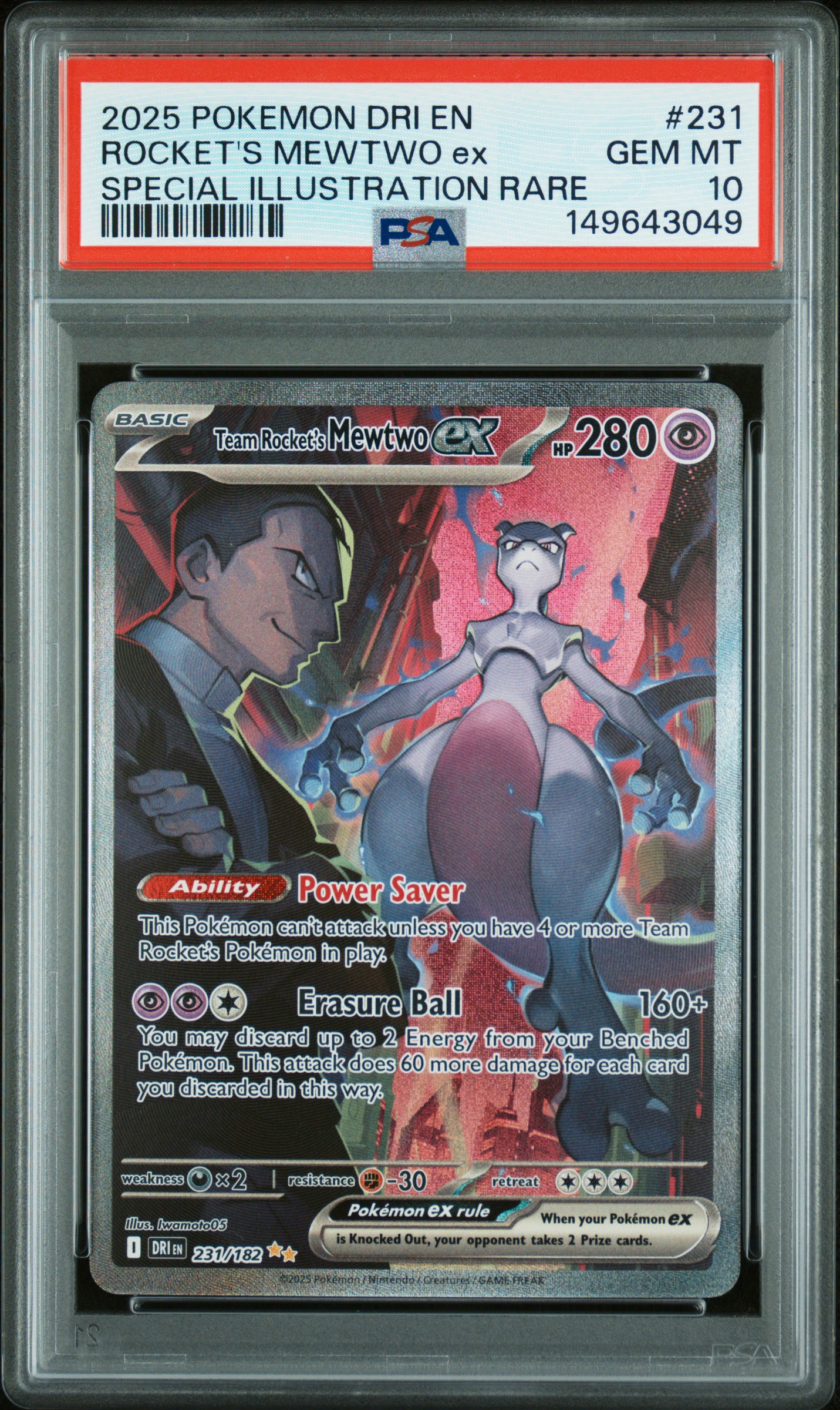 2025 #231 Team Rocket's Mewtwo EX PSA 10 Dri EN-Destined Rivals