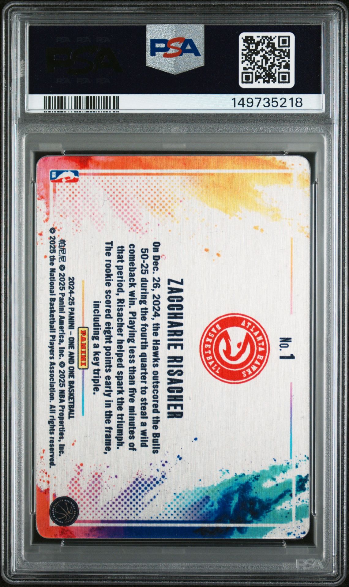 2024 Panini One And One Black Color Blast Zaccharie Risacher #1 Mint 9 back