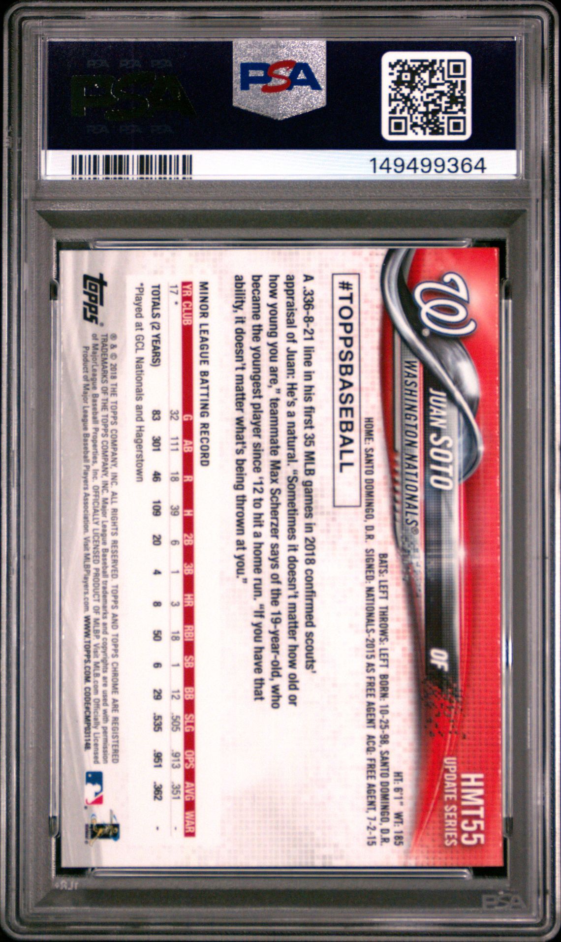 2018 Topps Chrome Update Juan Soto #Hmt55 (Update) Gem Mt 10 back