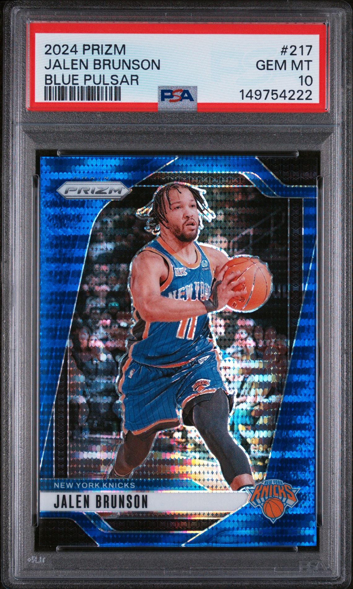 2024 Panini Prizm Jalen Brunson #217 (Blue Pulsar) Gem Mt 10 front view - PSA graded GEM MT 10