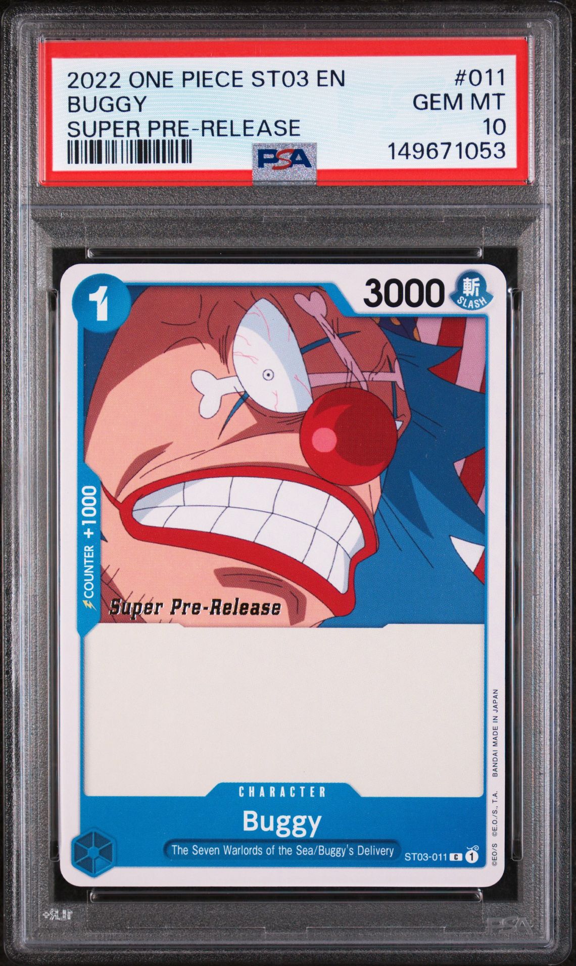 2022 One Piece ONE PIECE STARTER DECK ST03-THE SEVEN WARLORDS OF THE SEA SUPER PRE-RELEASE #011 Buggy front