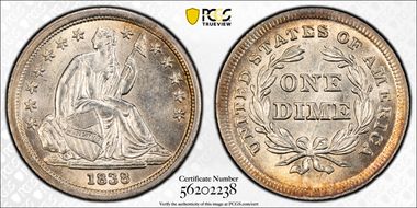 1838 10C No Drapery, Large Stars MS63