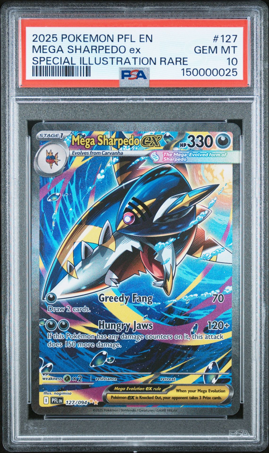 2025 Pokemon Pfl En-Phantasmal Flames Mega Sharpedo Ex #127 (Special Illustration Rare) Gem Mt 10 front