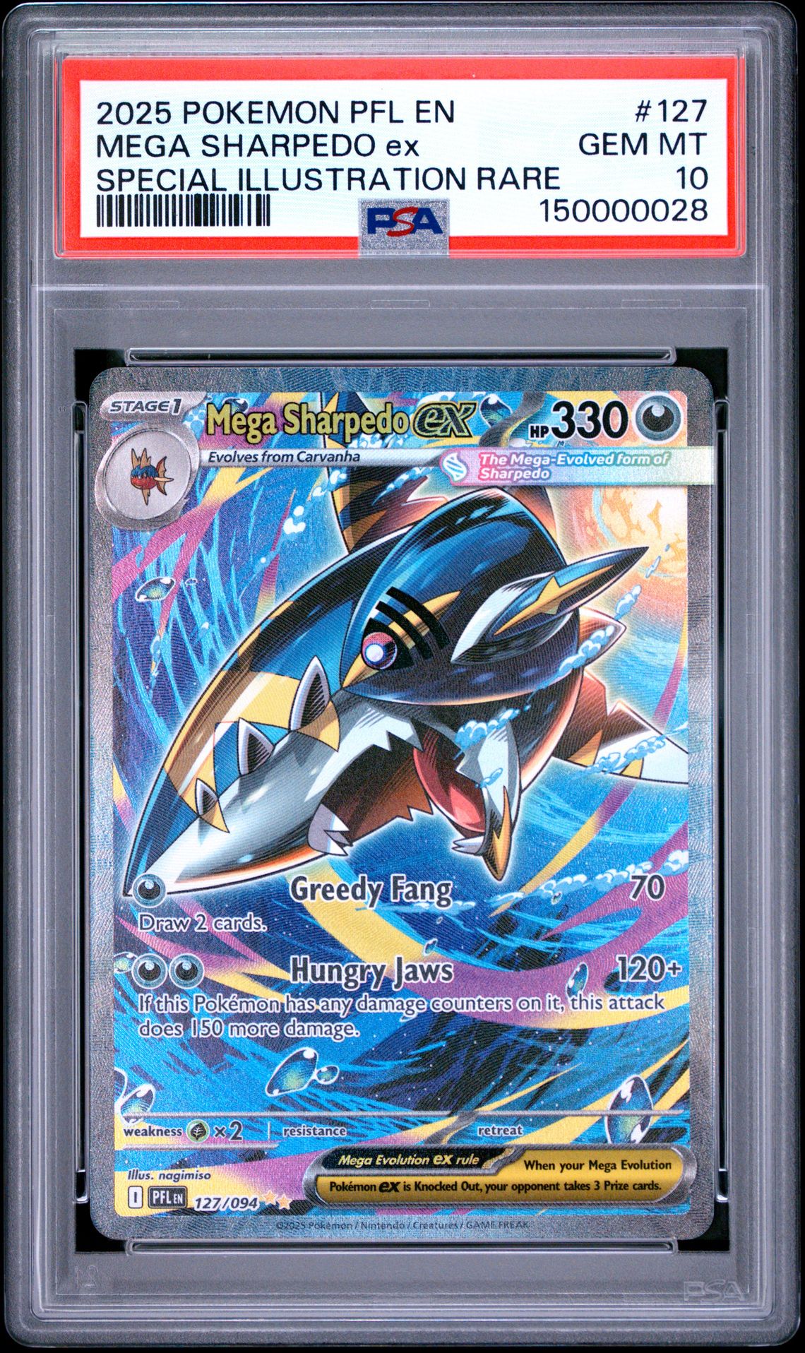 2025 Pokemon Pfl En-Phantasmal Flames Mega Sharpedo Ex #127 (Special Illustration Rare) Gem Mt 10 front view - PSA graded GEM MT 10