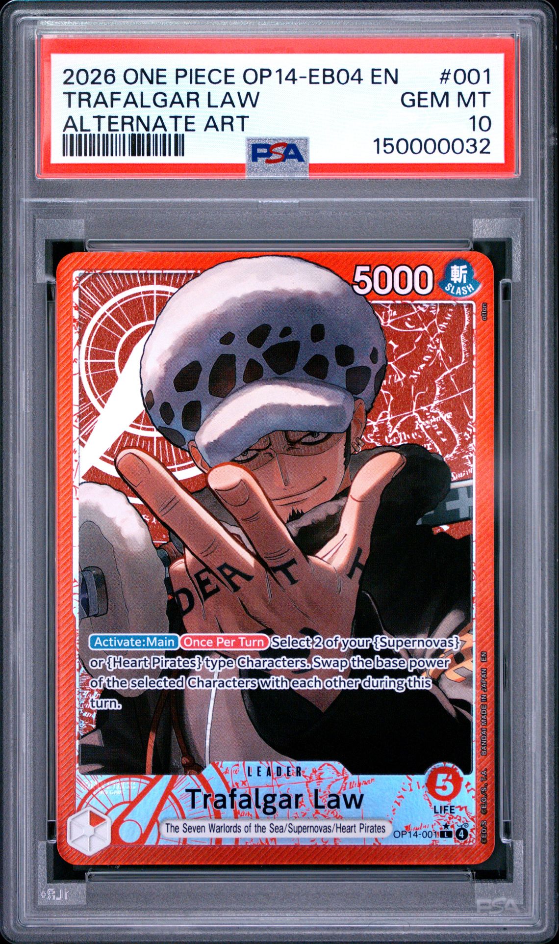 2026 One Piece Op14-Eb04-The Azure Sea's Seven Trafalgar Law #001 (Alternate Art) Gem Mt 10 front