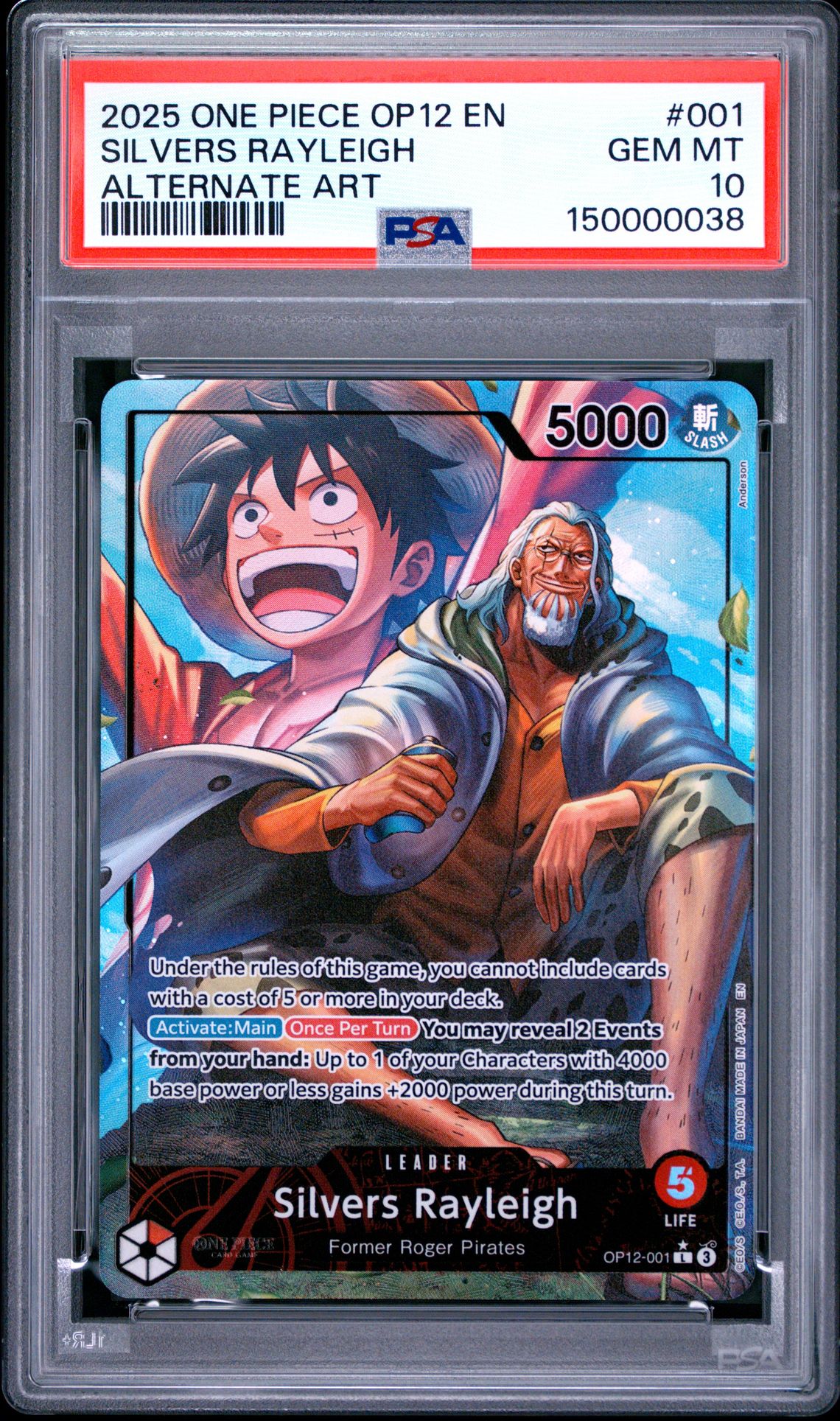 2025 One Piece Op12-Legacy Of The Master Silvers Rayleigh #001 (Alternate Art) Gem Mt 10 front