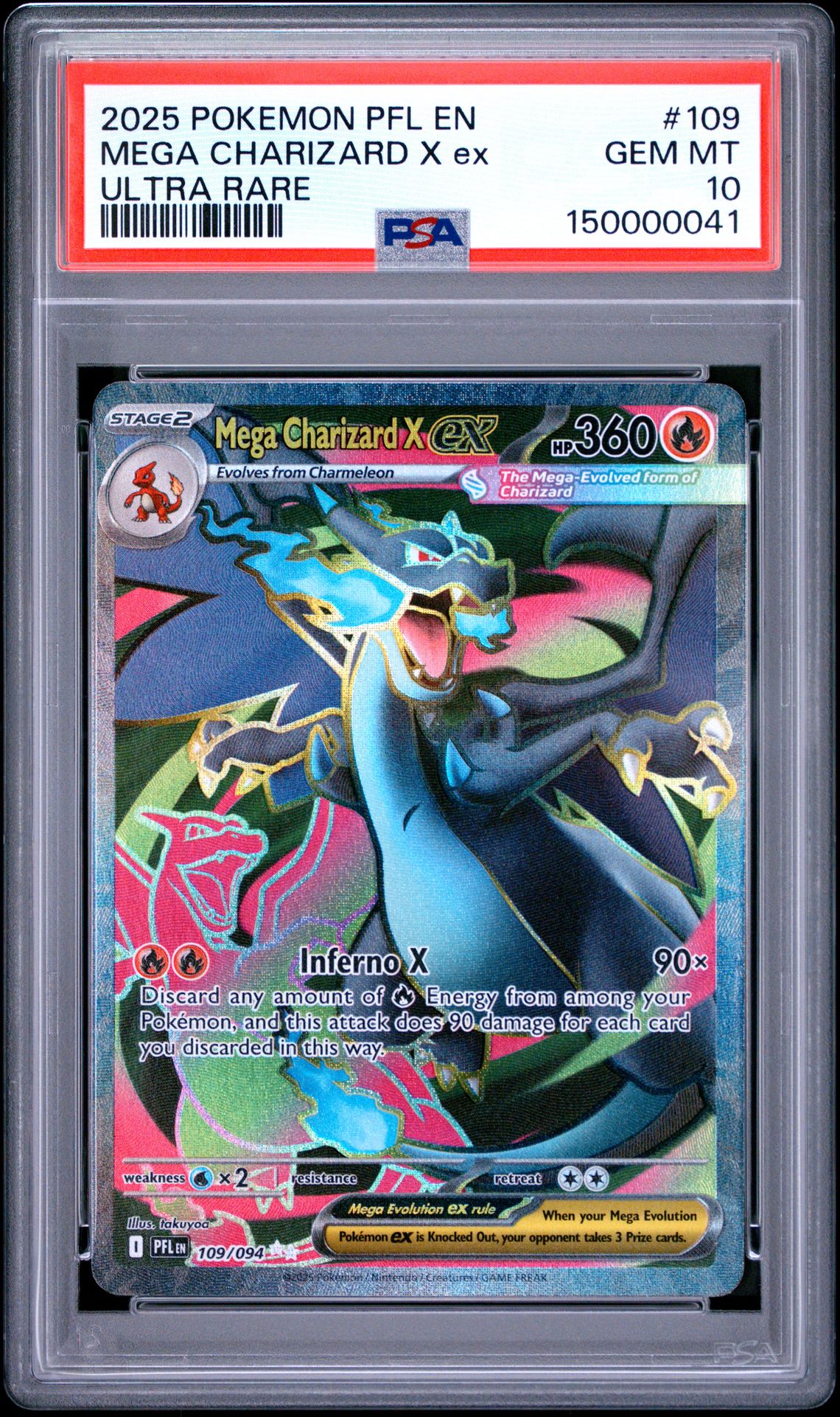 2025 Pokemon Pfl En-Phantasmal Flames Mega Charizard X Ex #109 (Ultra Rare) Gem Mt 10 front view - PSA graded GEM MT 10