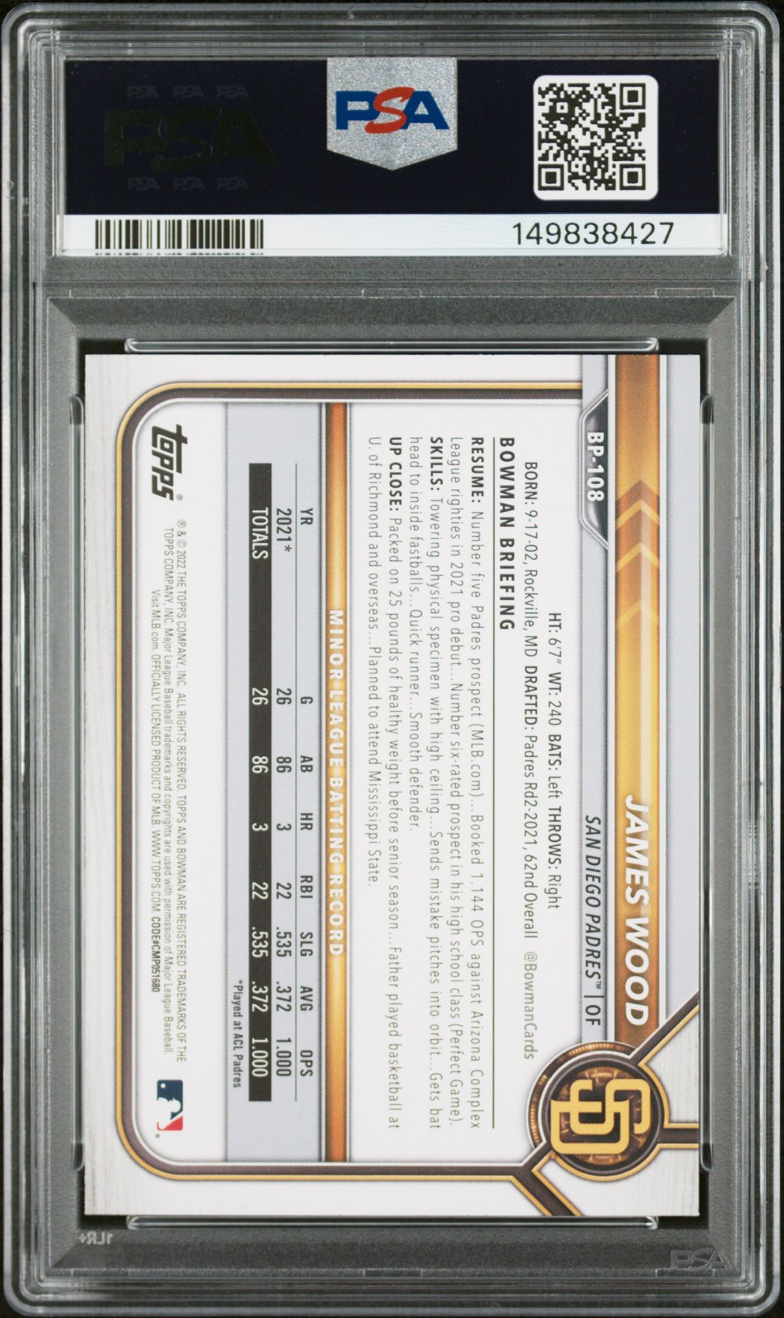 2022 Bowman Paper Prospects James Wood #Bp108 (Paper Prospects) Gem Mt 10 back view - PSA certificate #149838427