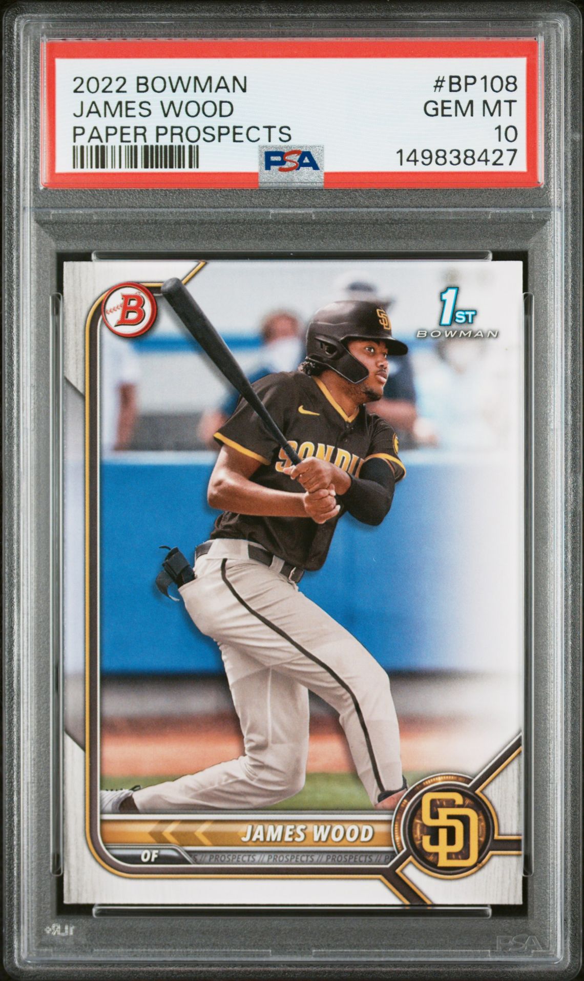 2022 Bowman Paper Prospects James Wood #Bp108 (Paper Prospects) Gem Mt 10 front view - PSA graded GEM MT 10