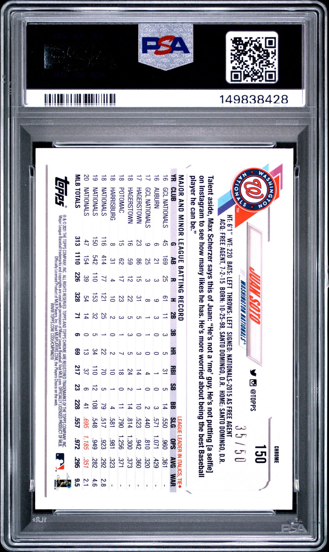 2021 Topps Chrome Juan Soto #150 (Gold Refractor) Gem Mt 10 back