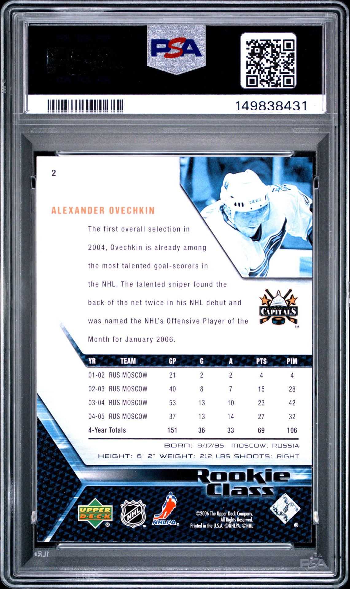 2005 Upper Deck Rookie Class Alexander Ovechkin #2 (Rookie Class) Gem Mt 10 back